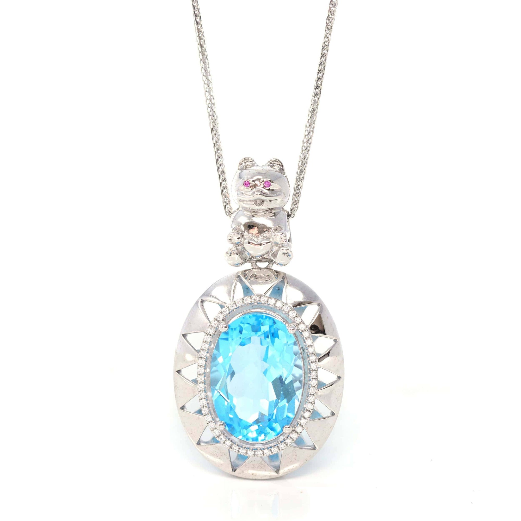 Baikalla Jewelry Silver Topaz Necklace Sterling Silver Natural Topaz Luxury Pendant Necklace With Lovely Bear