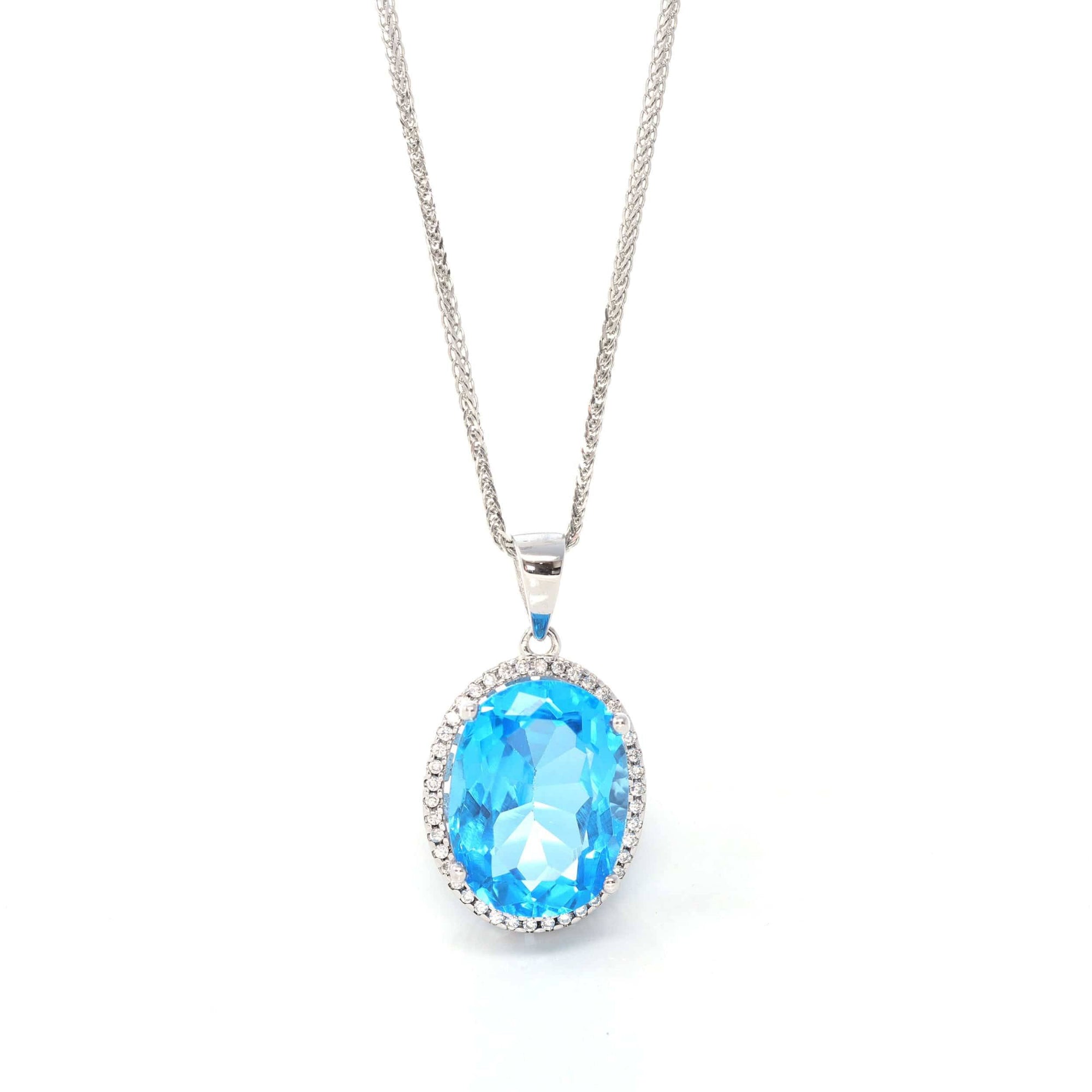 Baikalla Jewelry Silver Topaz Necklace Sterling Silver Natural Topaz Large Pendant Necklace With CZ