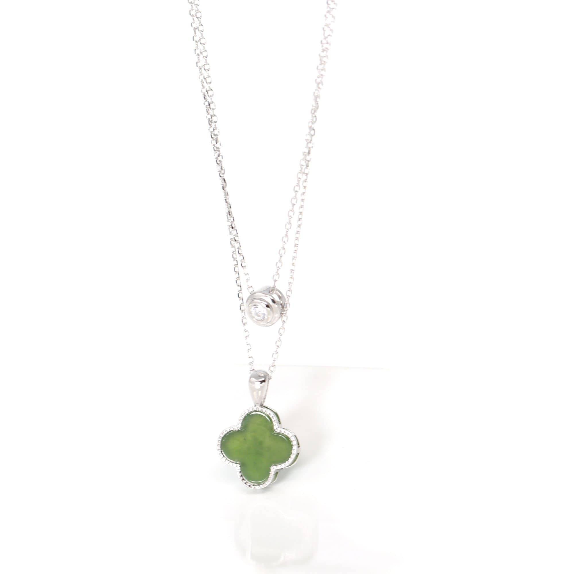 Baikalla Jewelry Silver Jade Pendant Necklace Baikalla™ Sterling Silver Real Green Nephrite Jade Lucky Four Leaf Clover Set