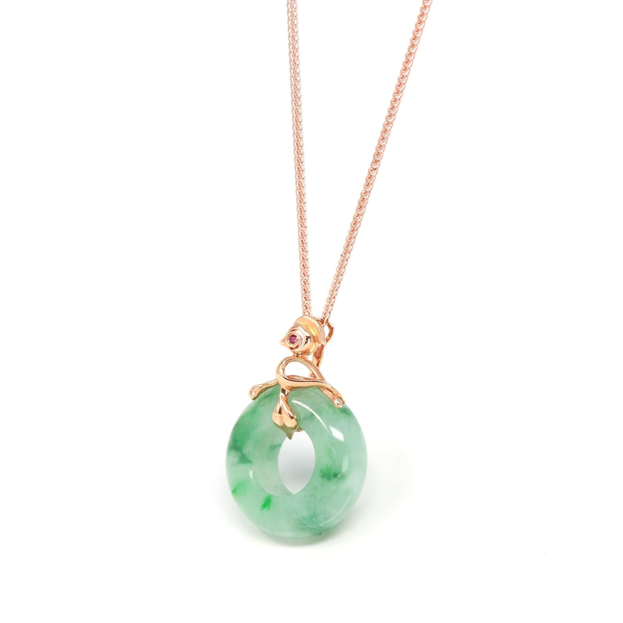 Baikalla Jewelry 18k Gold Jadeite Necklace Baikalla™ &quot;Good Luck Birdie&quot; 18k Rose Gold Genuine Burmese Jadeite Lucky Pendant Necklace With AA Ruby &amp; Diamond