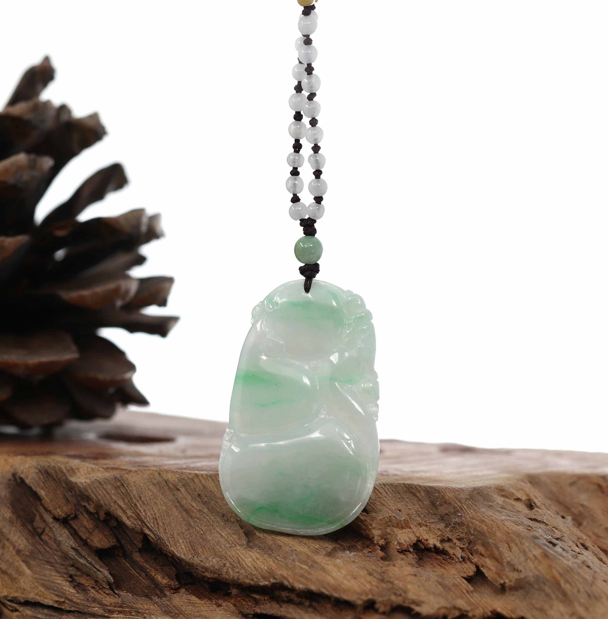 Baikalla Jewelry Jade Pendant Necklace Genuine Green Jadeite Jade &quot;Good Luck HuLu with Dragon&quot; Pendant Necklace With Real Jadeite Bead Necklace