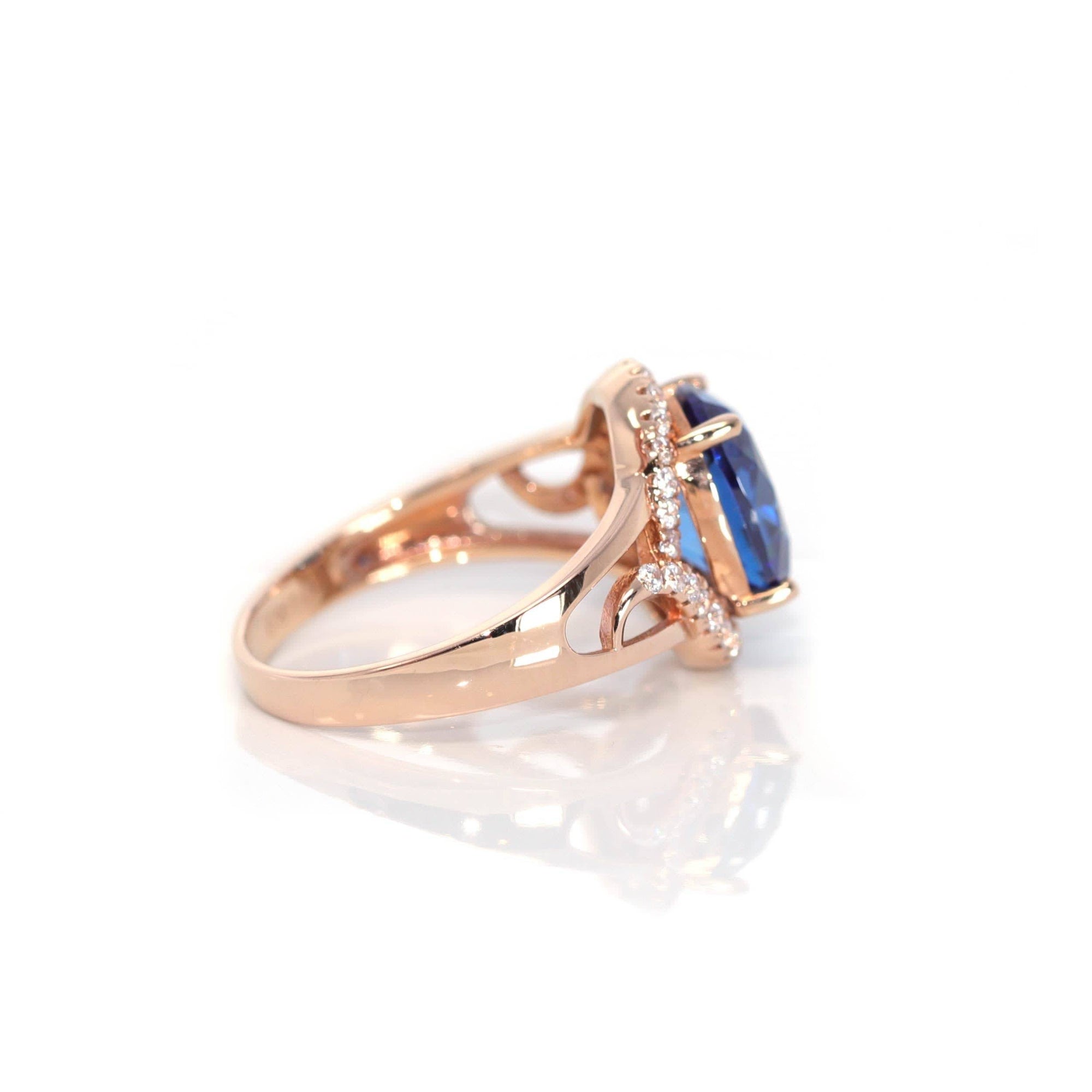 Baikalla Jewelry Gold Sapphire Ring 18k Rose Gold Lab-Created Blue Sapphire Ring With CZ