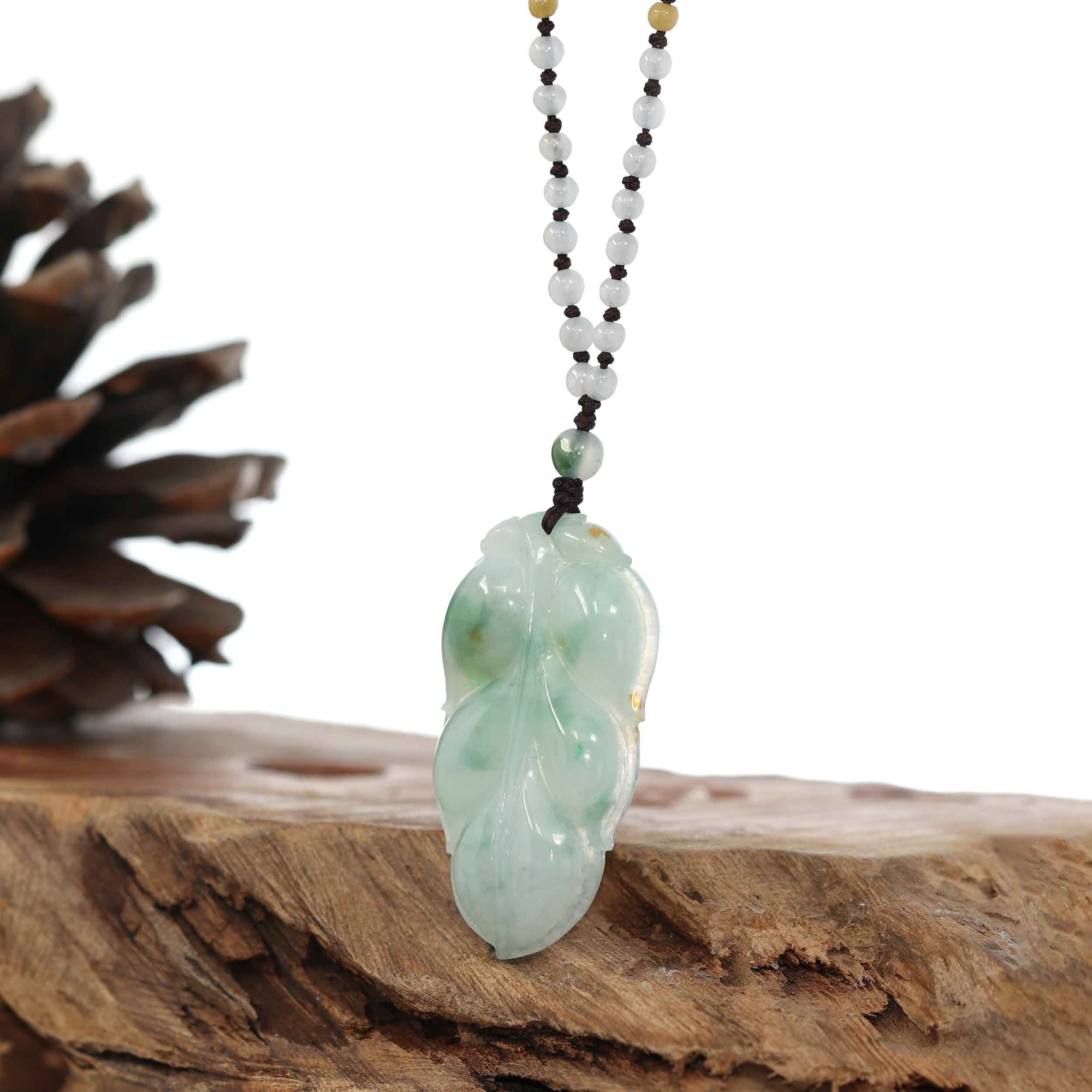 Baikalla Jewelry Jade Pendant Necklace Genuine Ice Blue-Green Jadeite Jade "Good Fortune Leaf" Pendant Necklace With Real Jadeite Bead Necklace