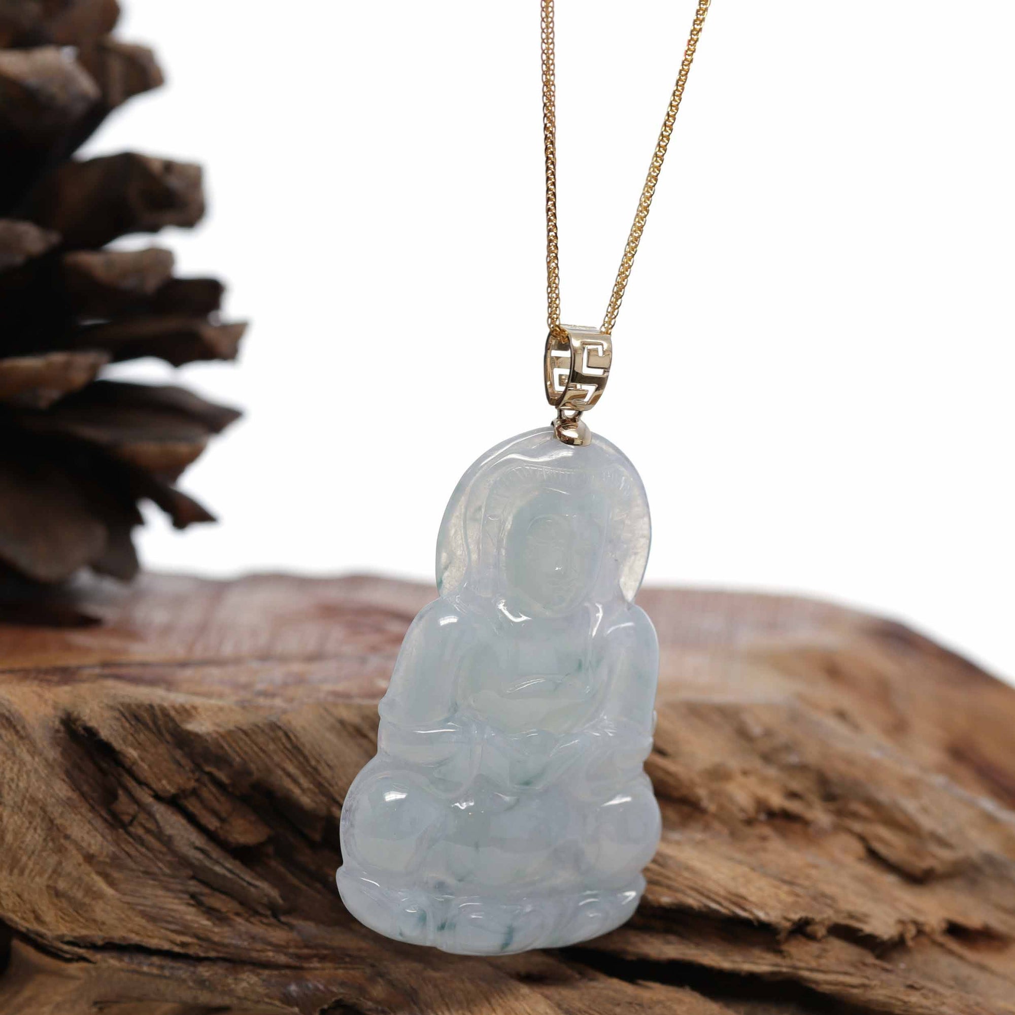 Baikalla Jewelry Jade Guanyin Pendant Necklace Baikalla 14k "Goddess of Compassion" Genuine Burmese Jadeite Jade Guanyin Necklace With Good Luck Design