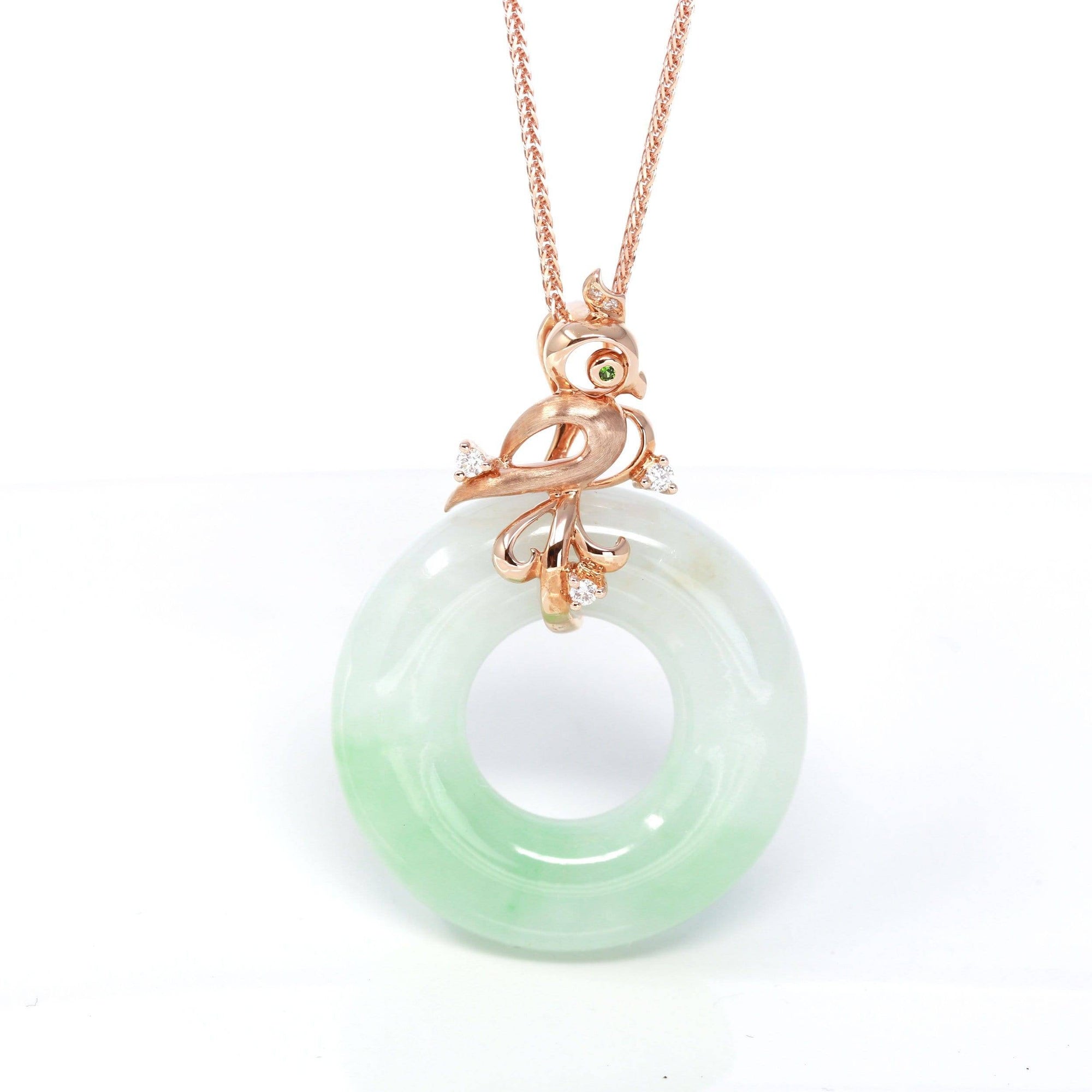 Baikalla Jewelry 18k Gold Jadeite Necklace Baikalla™ &quot;Good Luck Birdie&quot; 18k Rose Gold Genuine Burmese Jadeite Lucky Pendant Necklace With AA Tourmaline &amp; Diamonds