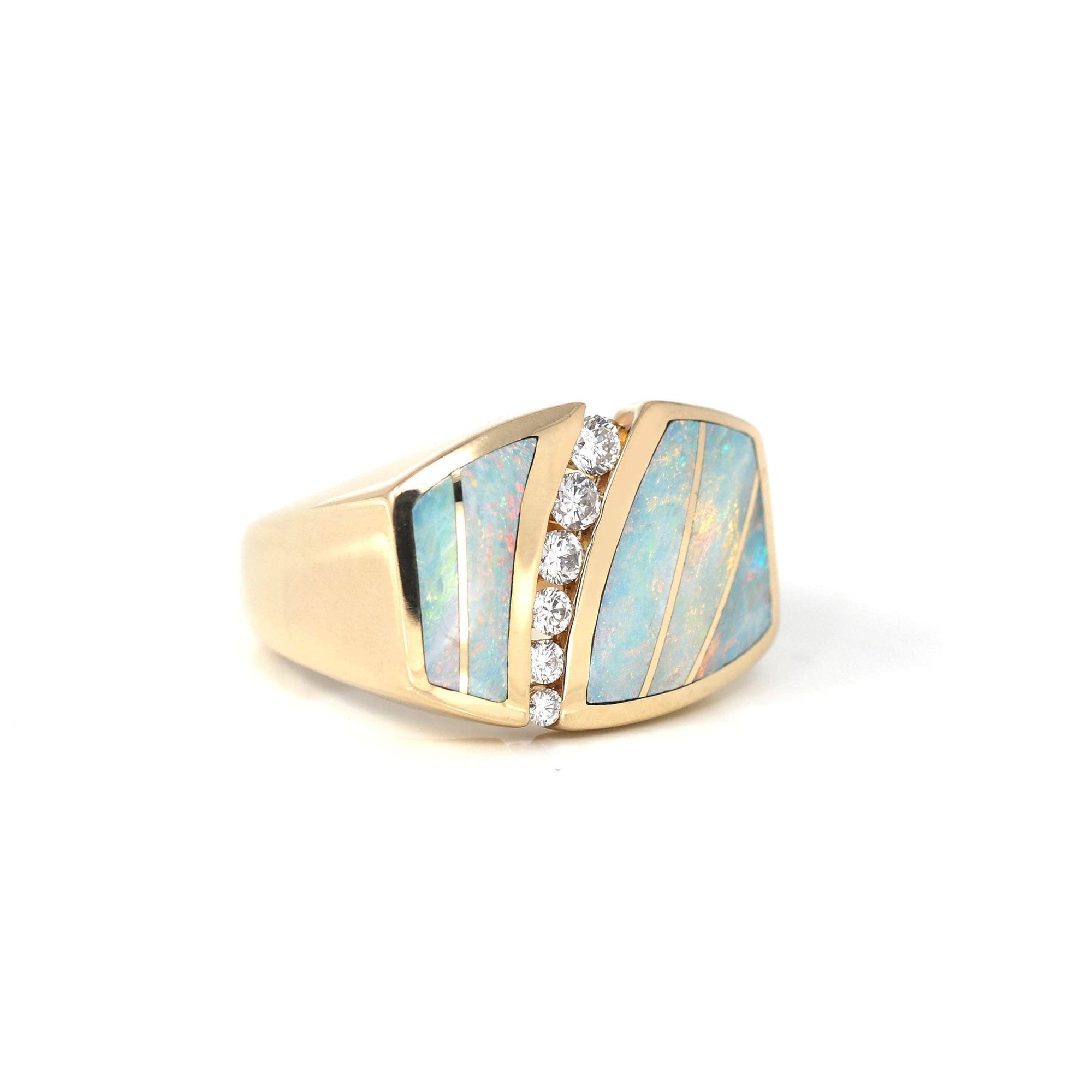 Baikalla Jewelry Gold Opal Ring 14k Yellow Gold Natural AAA Australian Opal Men&#39;s Ring with Diamonds