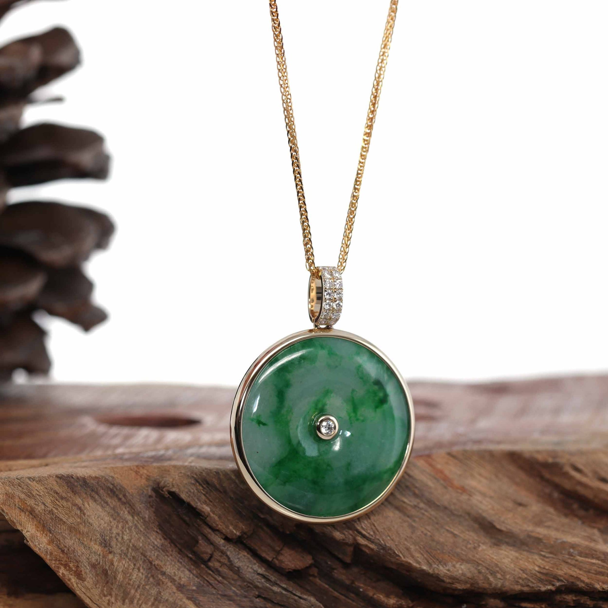 Baikalla Jewelry Gold Jadeite Jade Pendant Necklace With 18K Gold Chain ( Standard ) 14K Gold "Good Luck Button" Necklace Ice Green Jadeite Jade Lucky KouKou Pendant Necklace