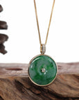 Baikalla Jewelry Gold Jadeite Jade Pendant Necklace With 18K Gold Chain ( Standard ) 14K Gold "Good Luck Button" Necklace Ice Green Jadeite Jade Lucky KouKou Pendant Necklace