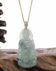 Baikalla Jewelry Jade Guanyin Pendant Necklace Baikalla 14k Yellow Gold "Goddess of Compassion" Genuine Ice Burmese Jadeite Jade Guanyin Necklace With Gold Bail