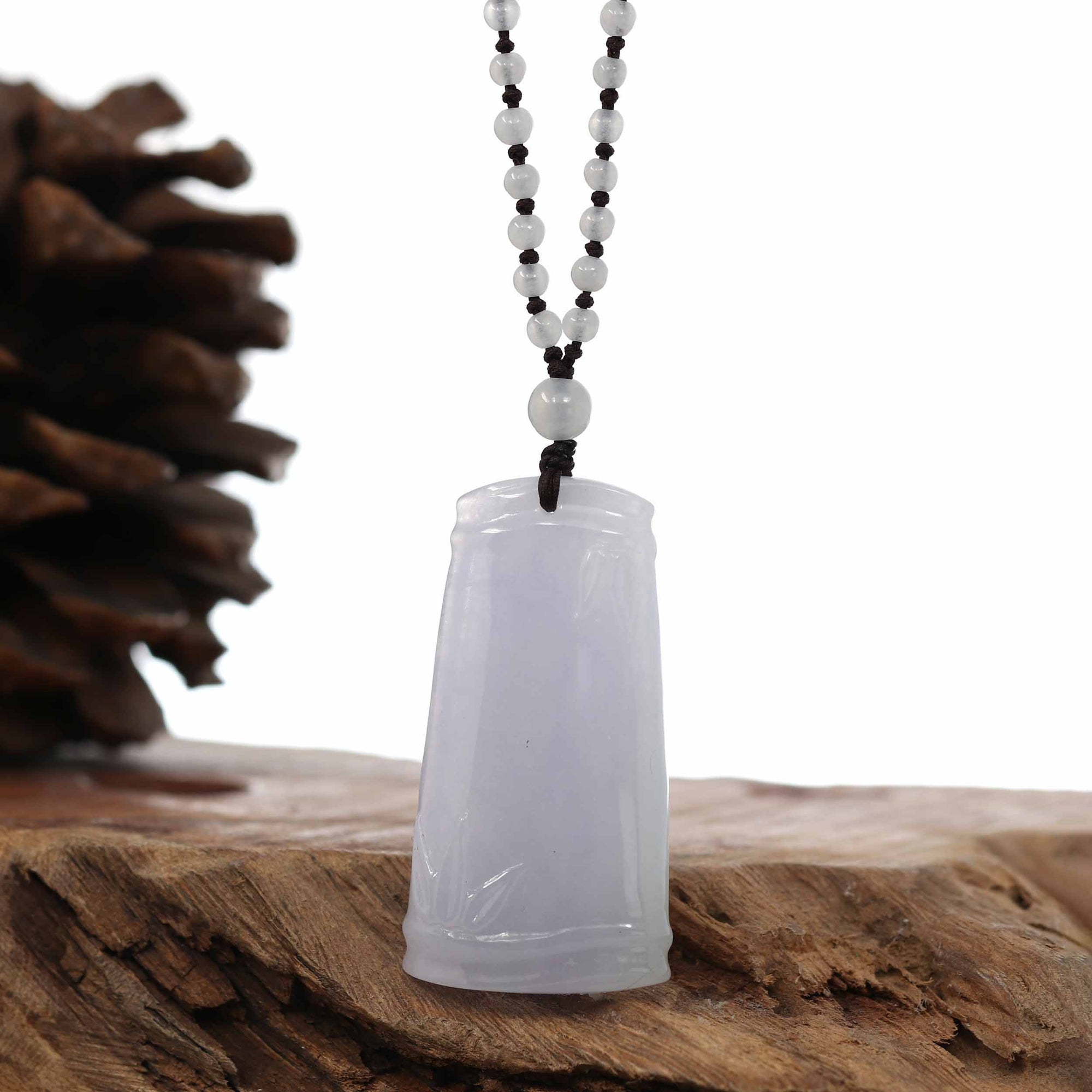 Baikalla Jewelry Jade Pendant Necklace Genuine Light Lavender Jadeite Jade "Good Luck Bamboo" Pendant Necklace With Real Jadeite Bead Necklace