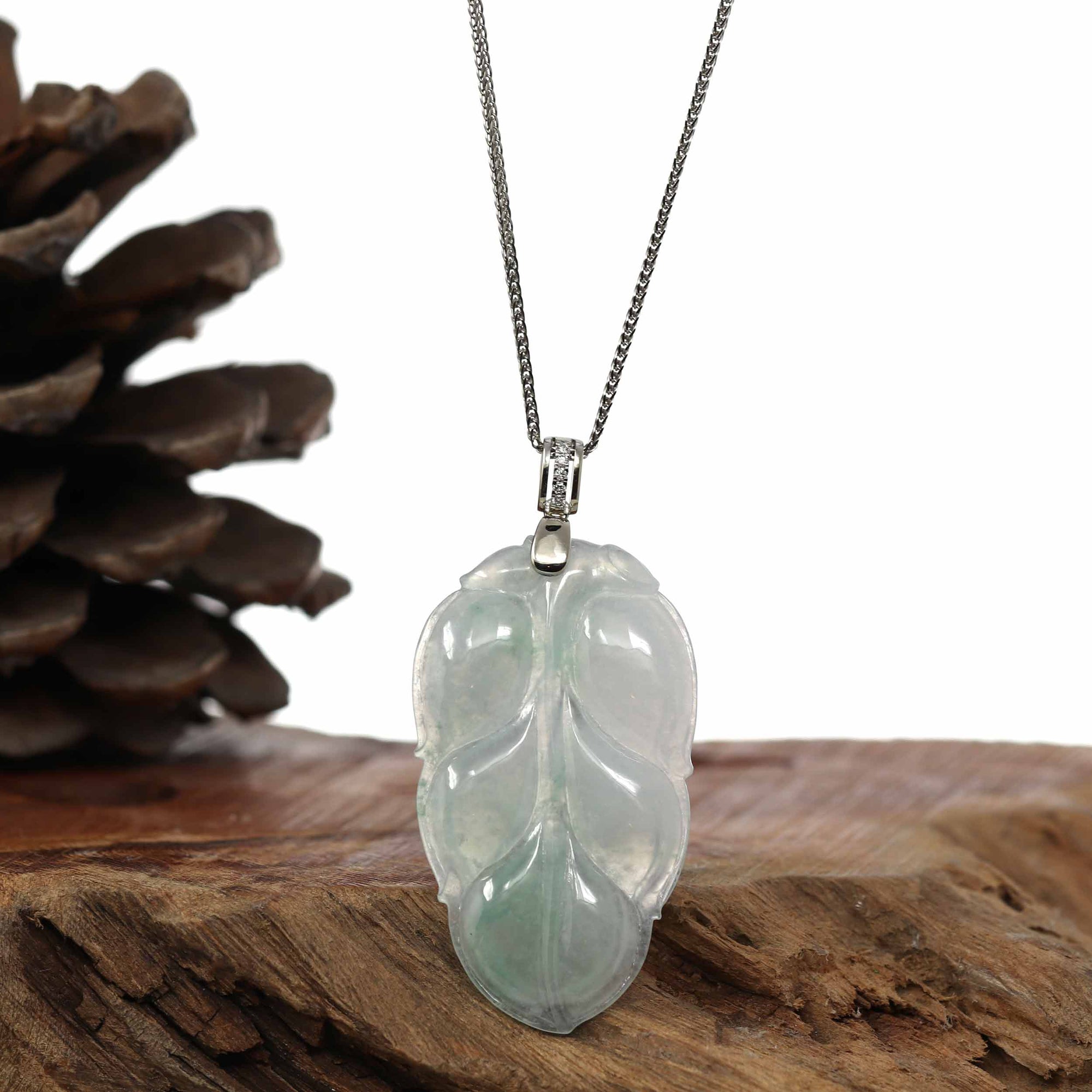 Baikalla Jewelry Jade Guanyin Pendant Necklace Genuine Ice Jadeite Jade Jin Zhi Yu Ye (Leaf) Necklace With White Gold VSI Diamond Bail