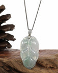 Baikalla Jewelry Jade Guanyin Pendant Necklace Genuine Ice Jadeite Jade Jin Zhi Yu Ye (Leaf) Necklace With White Gold VSI Diamond Bail