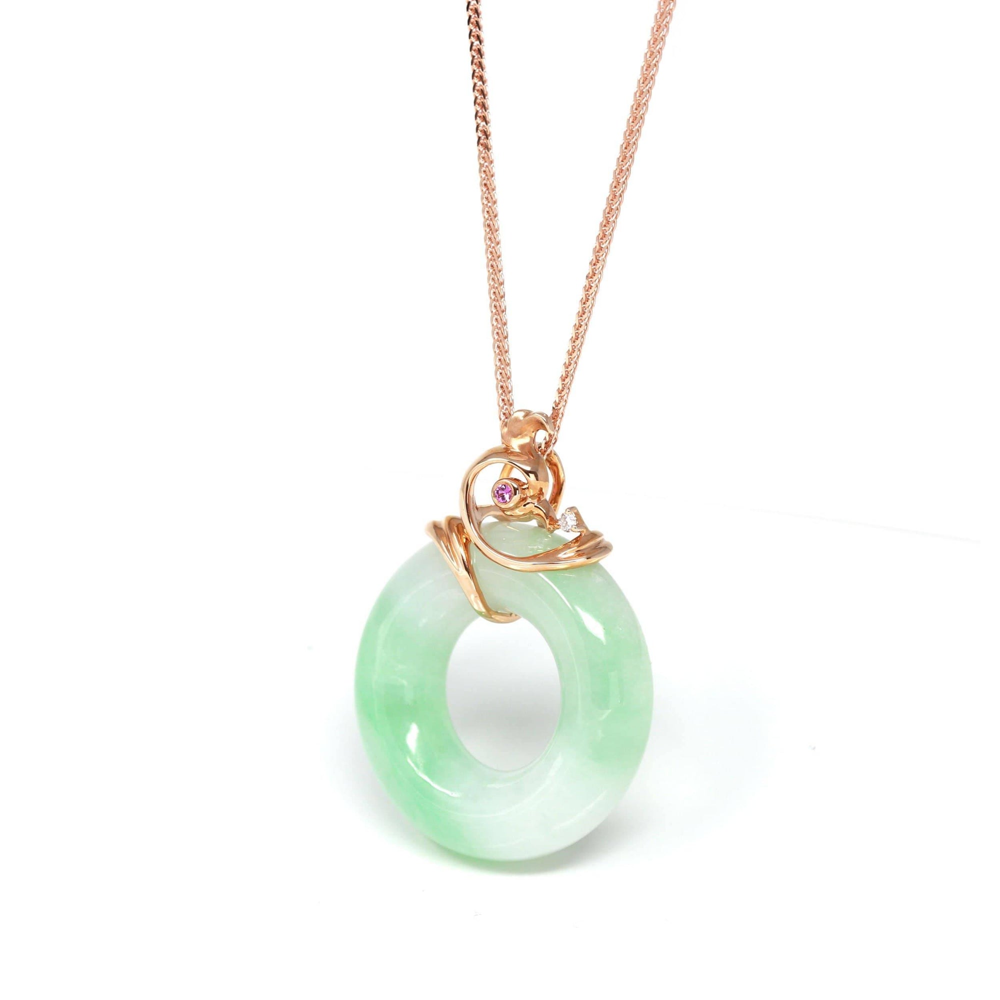 Baikalla Jewelry 18k Gold Jadeite Necklace Baikalla™ &quot;Good Luck Birdie&quot; 18k Rose Gold Genuine Burmese Jadeite Lucky Pendant Necklace With AA Ruby &amp; Diamond