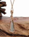 Baikalla Jewelry 18k Gold Jadeite Necklace 18K Rose Gold "Tear-Drop" Ice Jadeite Jade Cabochon Necklace with Diamonds