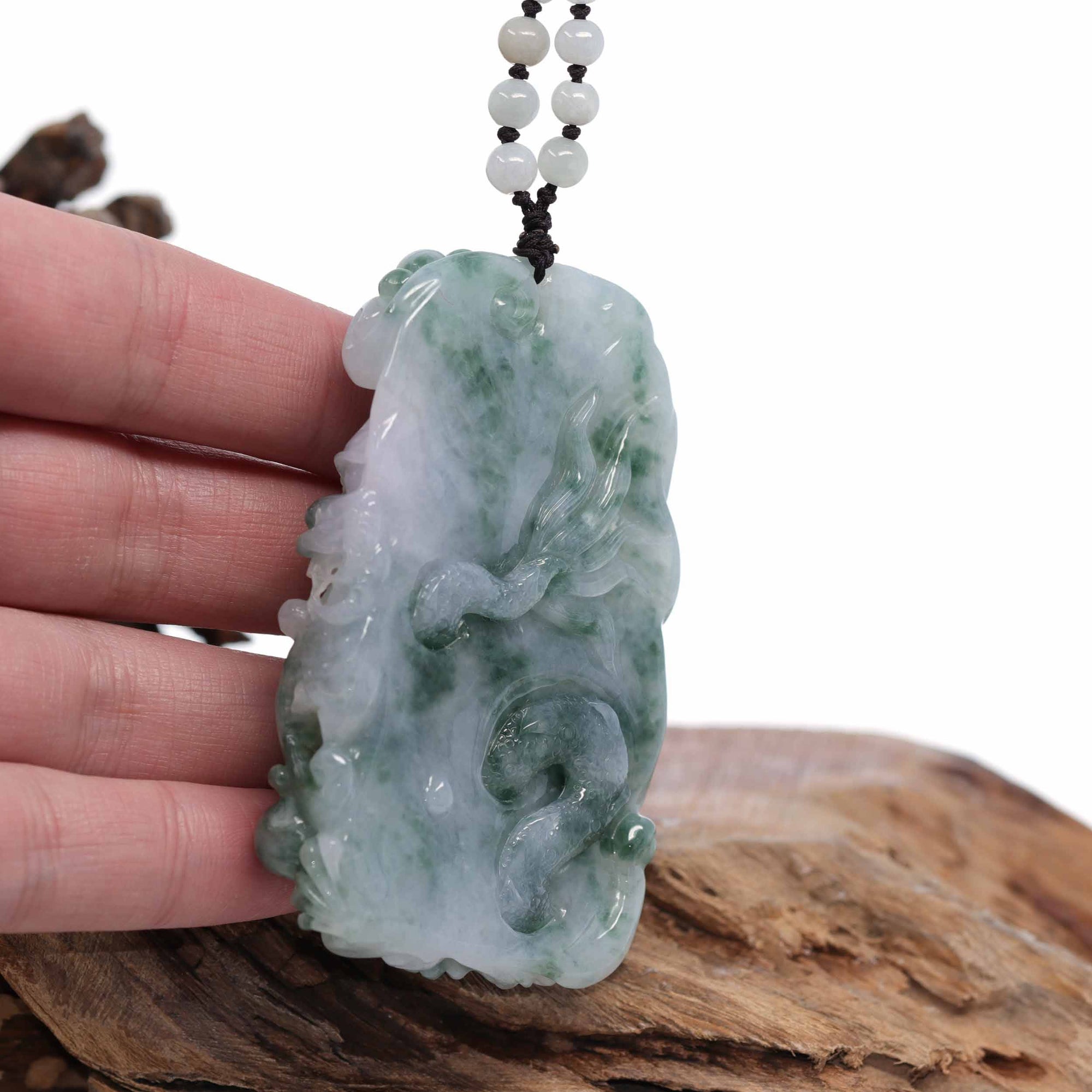 Baikalla Jewelry Jade Carving Necklace "Soring Dragon" Natural Jadeite Jade Blue Green Pendant Necklace For Men, Collectibles.