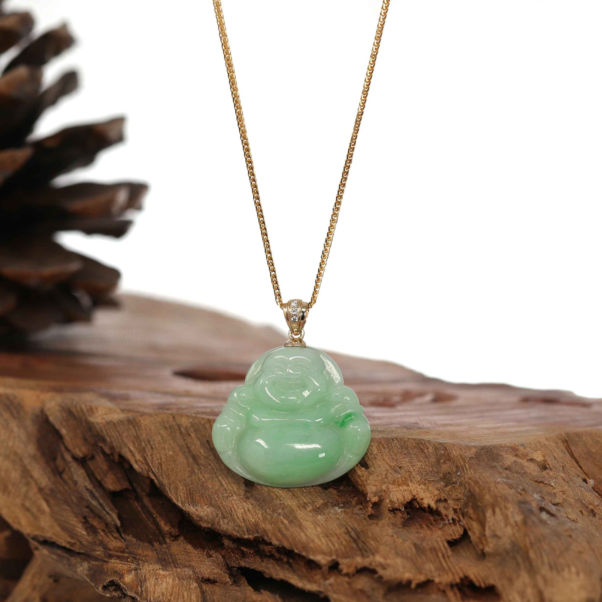 Baikalla Jewelry Gold Jadeite Jade Pendant Necklace Pendant Only Natural Burmese Jadeite Jade Happy Buddha With 14k Yellow VS1 Diamond Bail