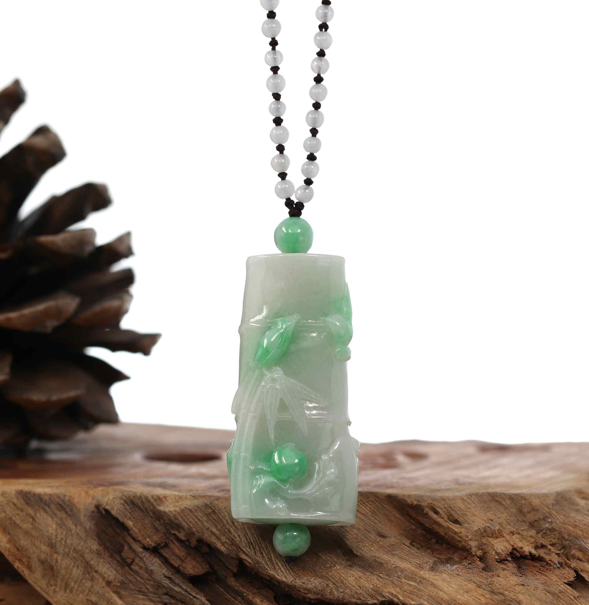 Baikalla Jewelry Jade Pendant Necklace Genuine White & Green Jadeite Jade "Good Luck Bamboo" Pendant Necklace With Real Jadeite Bead Necklace