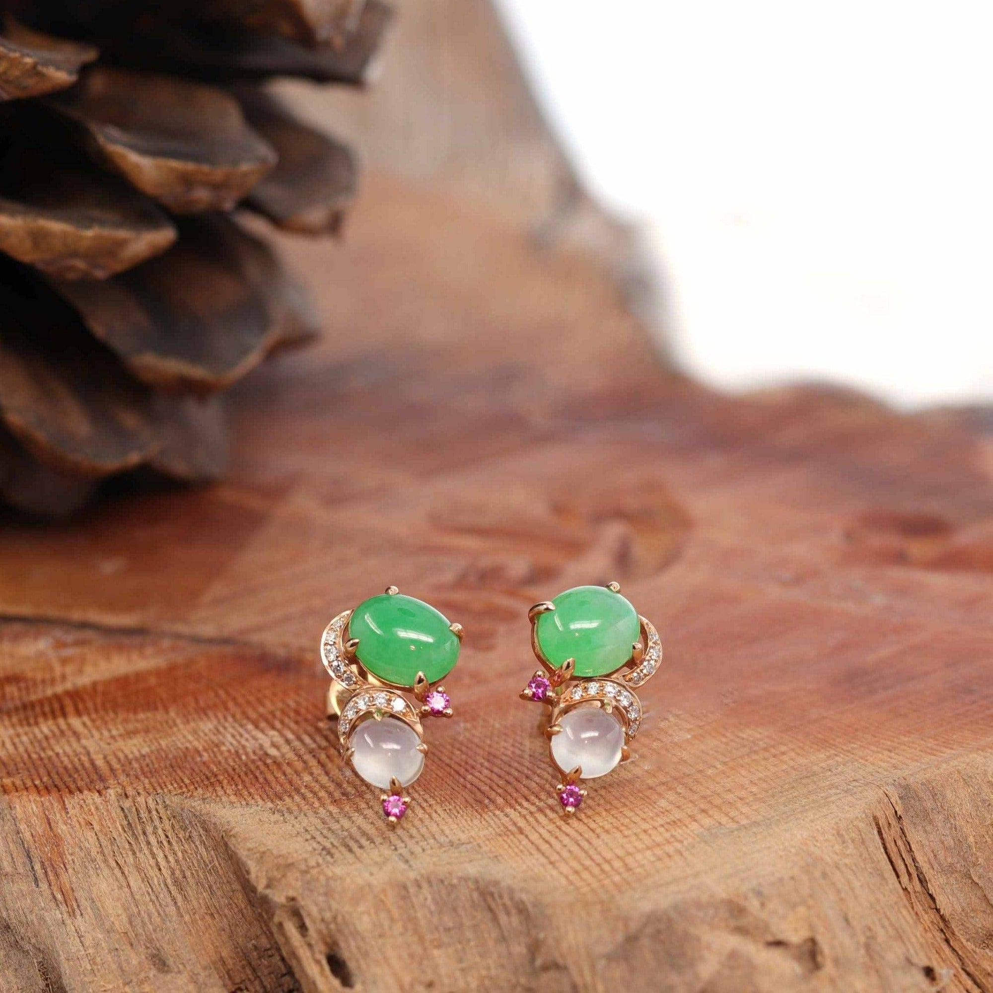 Baikalla Jewelry Gold Jade Earrings 18K Rose Gold Multi Color Jadeite Jade Stud Earrings