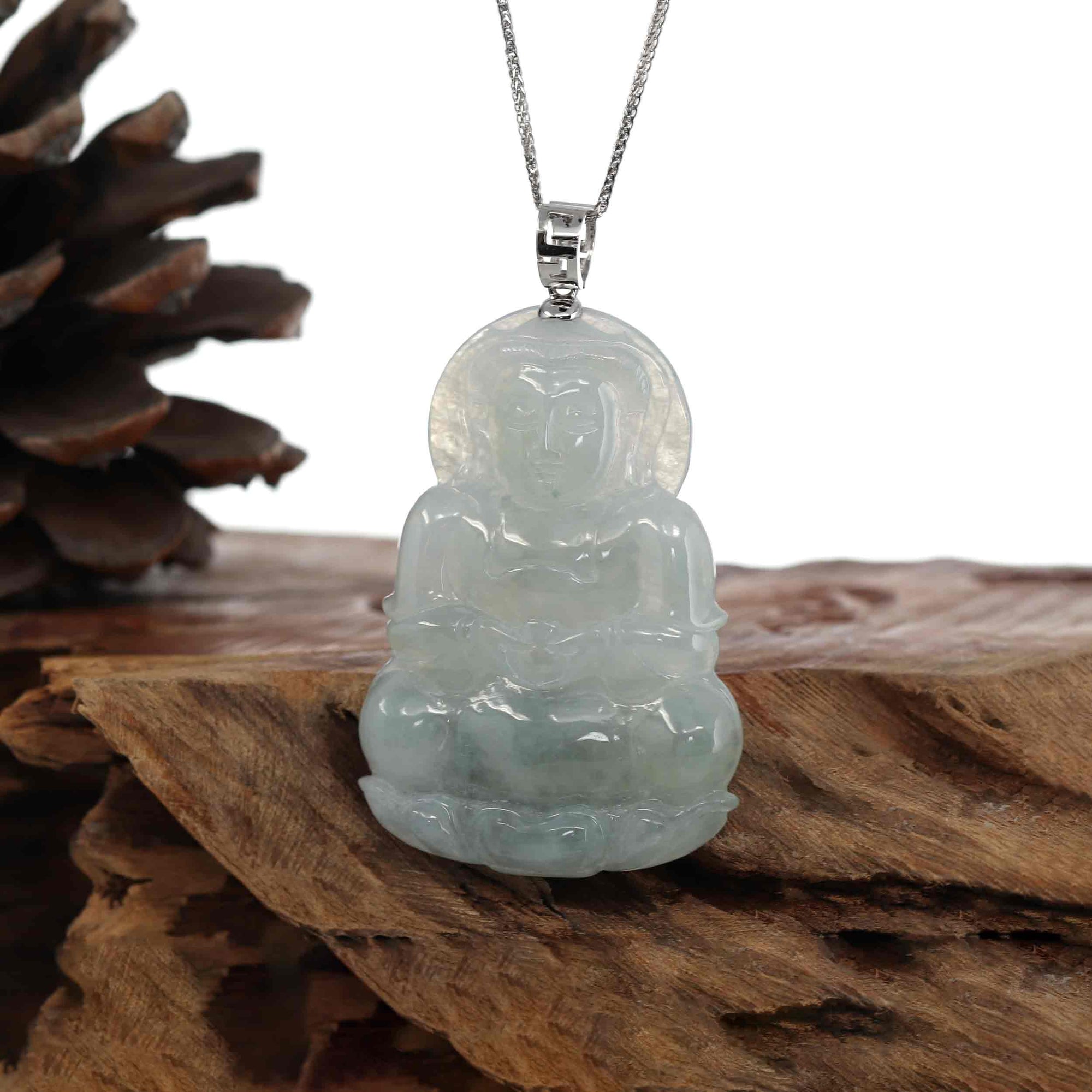 Baikalla Jewelry Jade Guanyin Pendant Necklace Baikalla &quot;Goddess of Compassion&quot; Genuine Burmese Ice Blue Jadeite Jade Guanyin Necklace With Good Luck Design 14K Gold  Bail