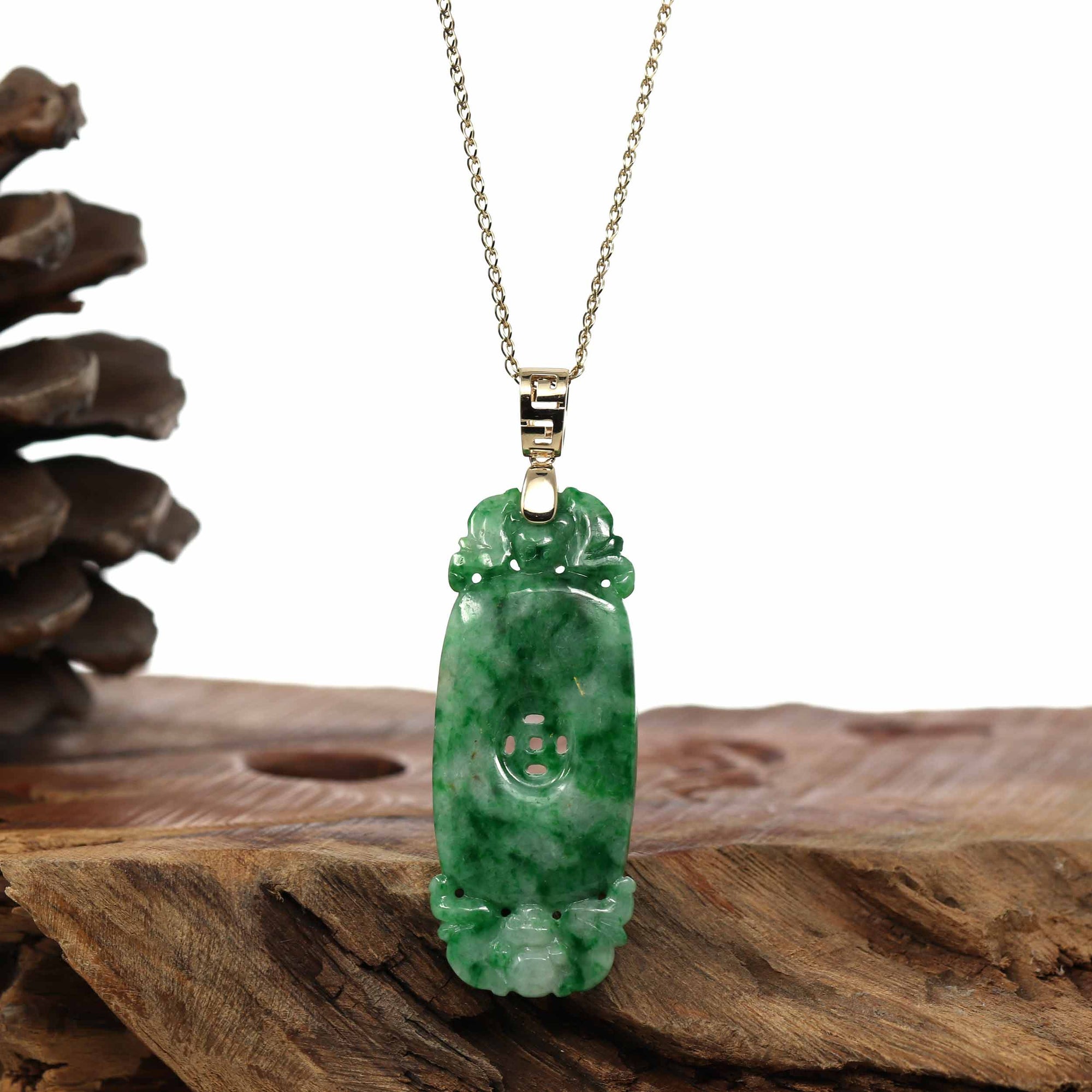 Baikalla Jewelry Jade Guanyin Pendant Necklace Genuine Apple Green- White Jadeite Jade Fu Zai Yan Qian Pendant Necklace With 14K Yellow Gold Bail