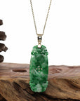 Baikalla Jewelry Jade Guanyin Pendant Necklace Genuine Apple Green- White Jadeite Jade Fu Zai Yan Qian Pendant Necklace With 14K Yellow Gold Bail