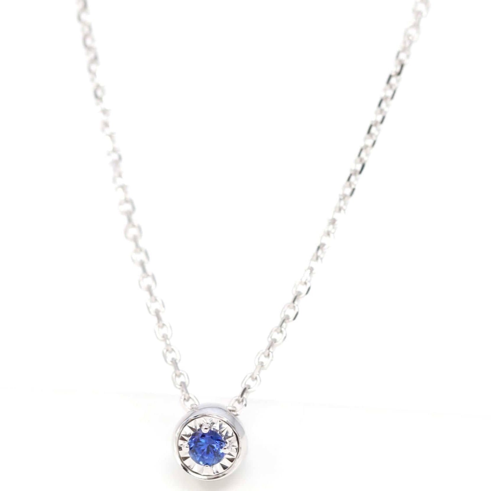 Baikalla Jewelry Gemstone Pendant Necklace Blue Sapphire Baikalla™ 14k White Gold Sapphire Round 4 Prong Set Necklace With Diamond-Cut Halo