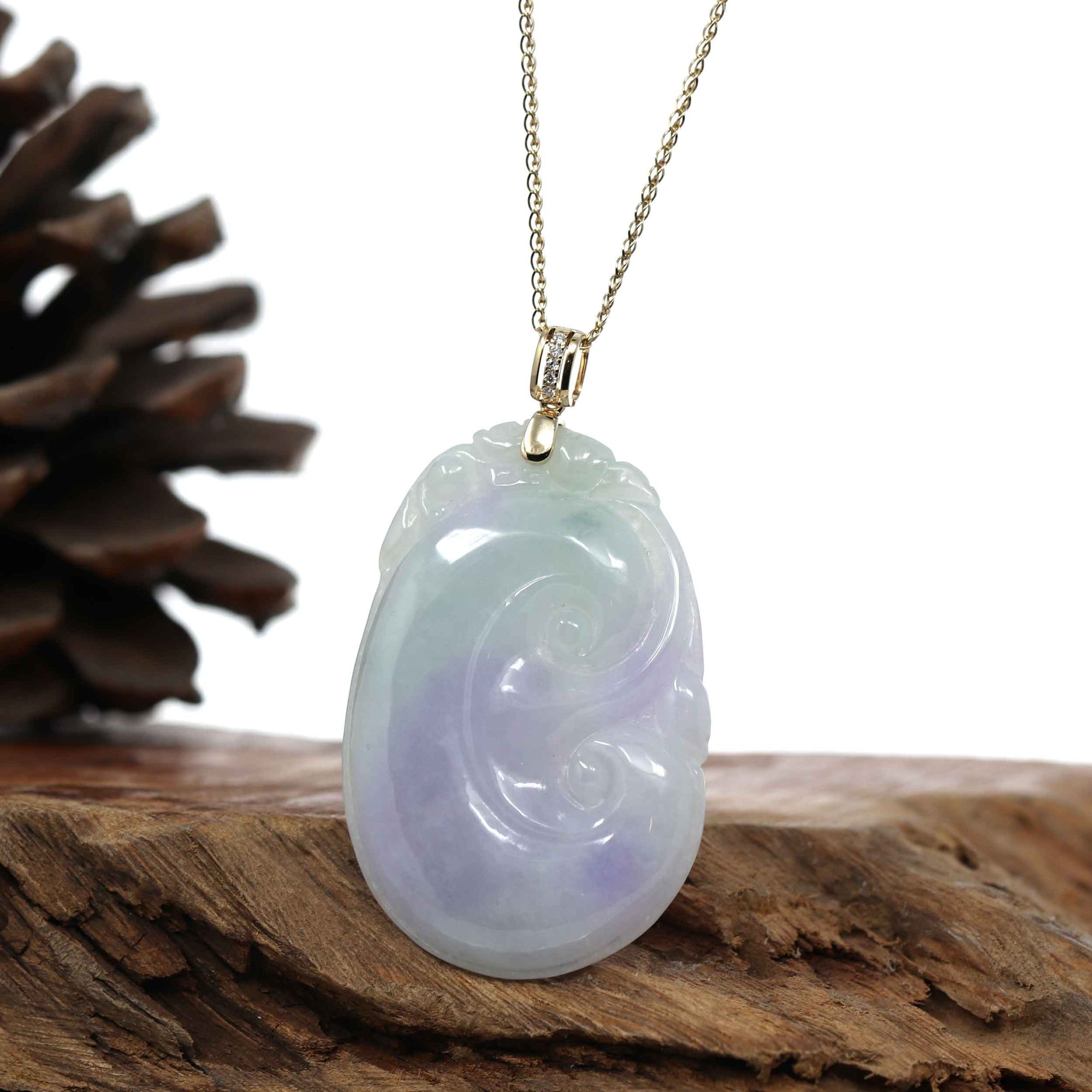 Baikalla Jewelry Jade Guanyin Pendant Necklace "Wang Shi Ru Yi" Genuine Lavender Green Jadeite Jade Pendant Necklace With 14K Yellow Gold Diamond Bail