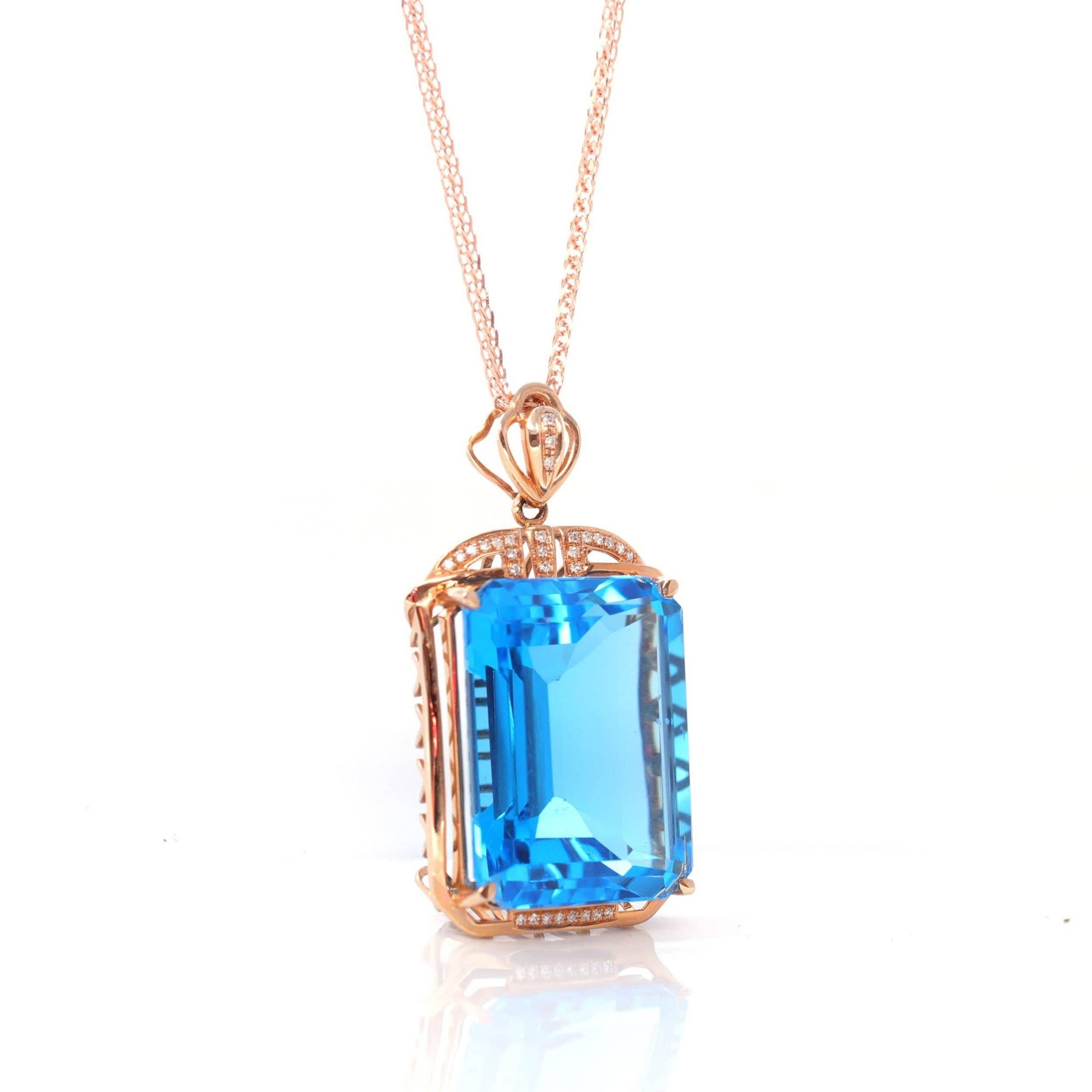 Baikalla Jewelry Gemstone Pendant Necklace 14k Rose Gold London Blue Topaz Faceted Emerald Cut Prong Set Necklace With Diamonds