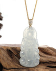 Baikalla Jewelry Jade Guanyin Pendant Necklace Baikalla 14k White Gold "Goddess of Compassion" Genuine Ice Burmese Jadeite Jade Guanyin Necklace With Gold VS1 Diamond Bail