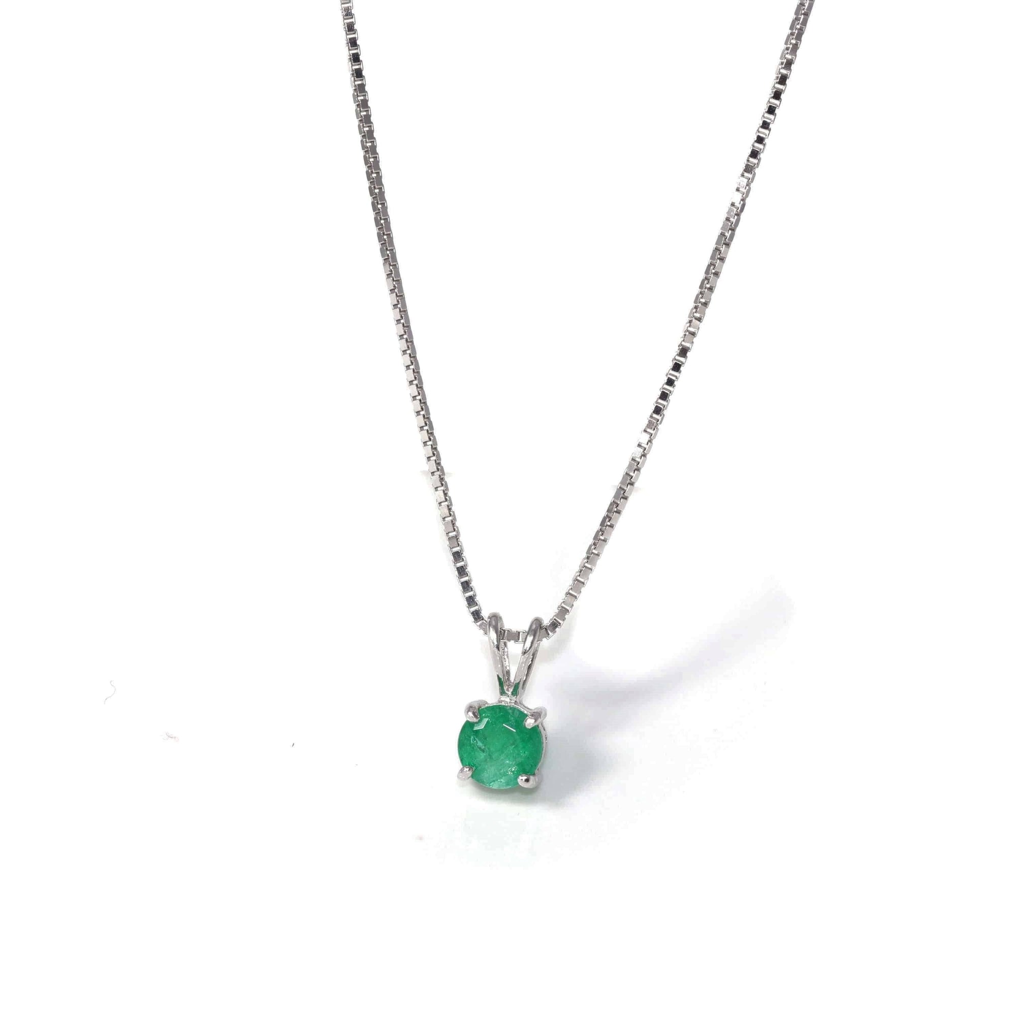 Baikalla Jewelry Gemstone Pendant Necklace Emerald Baikalla™ 14k White Gold Emerald Round 4 Prong Set Necklace With Diamond Halo