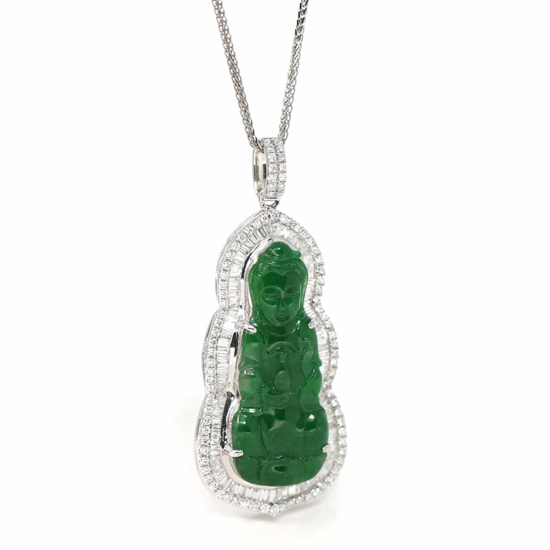 Baikalla Jewelry 18k Gold Jadeite Necklace 18K White Gold High-End Imperial Jadeite Jade "Goddess of Compassion" Guan Yin Necklace with Diamonds