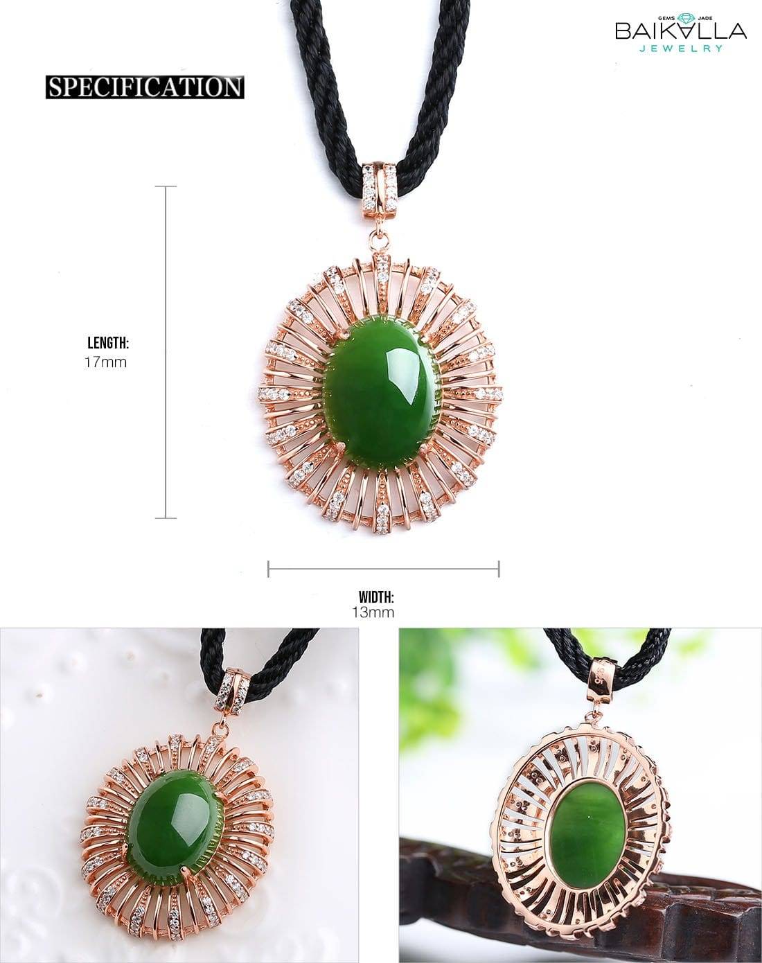 Baikalla Jewelry Silver Gemstone Necklace Rose Gold Plated Sterling Silver Genuine Nephrite Green Jade Pendant