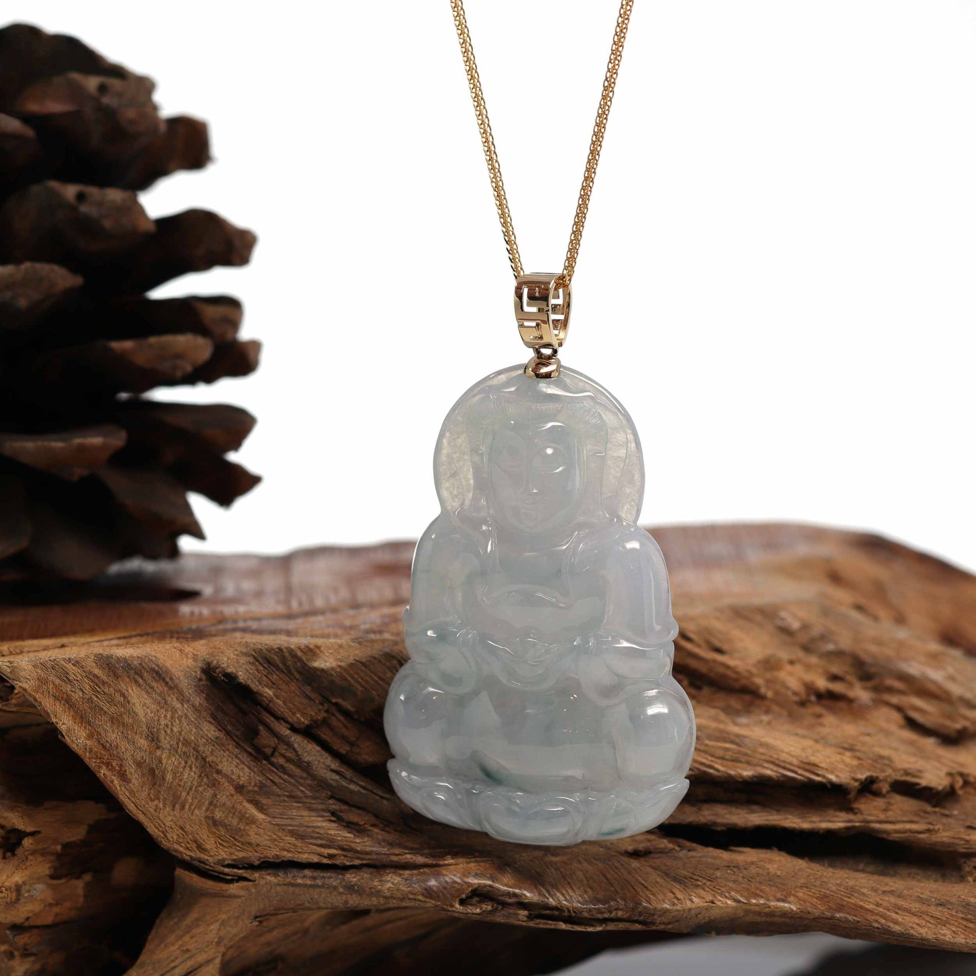 Baikalla Jewelry Jade Guanyin Pendant Necklace Baikalla 14k Yellow Gold &quot;Goddess of Compassion&quot; Genuine Burmese Jadeite Jade Guanyin Necklace With Good Luck Design