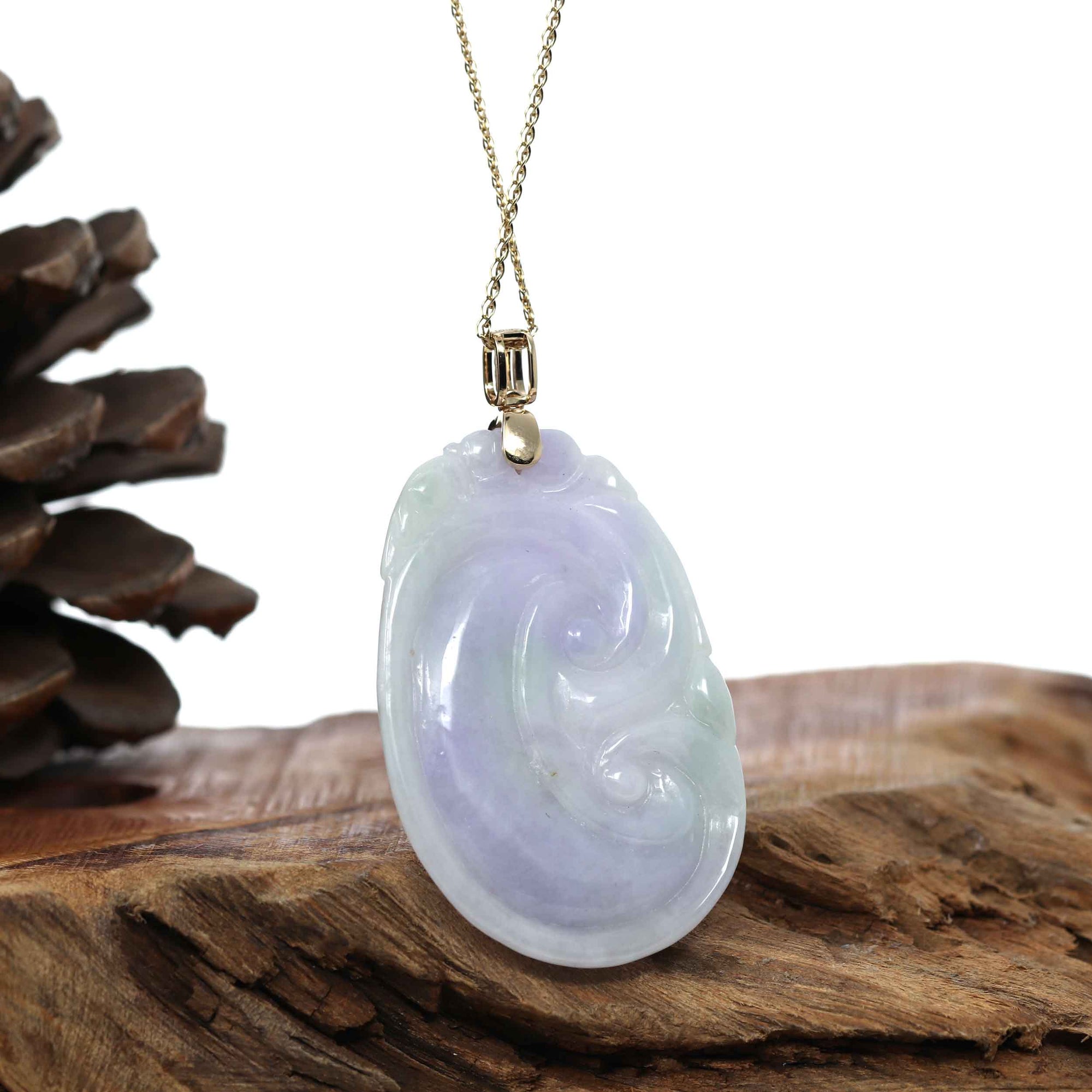 Baikalla Jewelry Jade Guanyin Pendant Necklace "Wang Shi Ru Yi" Genuine Lavender Green Jadeite Jade Pendant Necklace With 14K Yellow Gold Diamond Bail