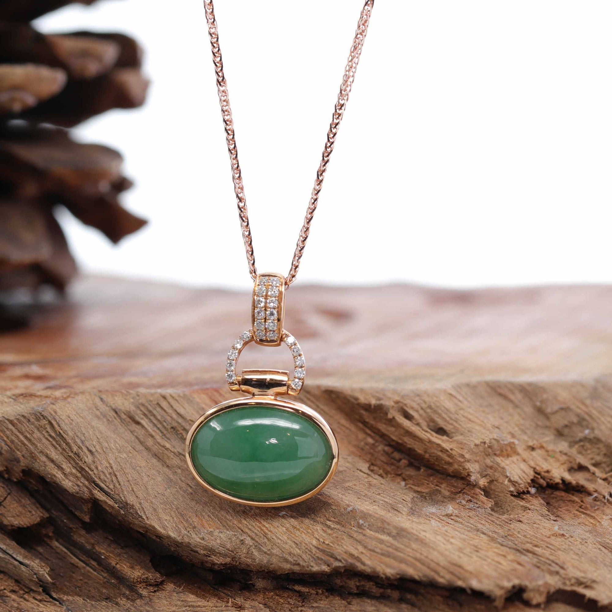 Baikalla Jewelry 18k Gold Jadeite Necklace 18K Rose Gold Oval Imperial Jadeite Jade Cabochon Necklace with Diamonds