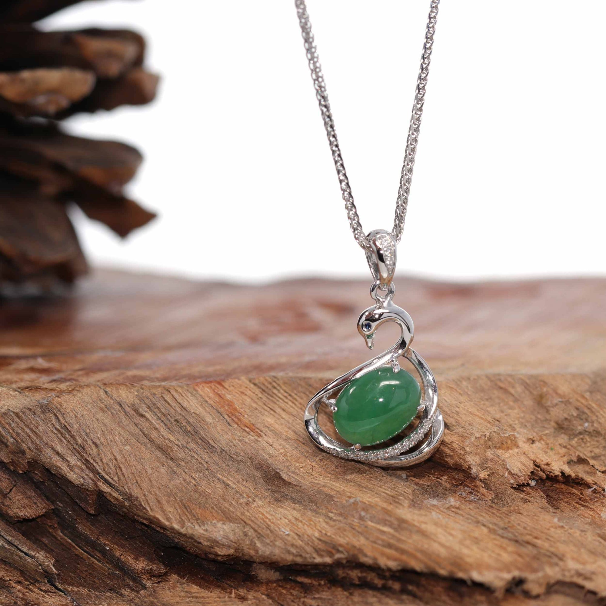 Baikalla Jewelry 18k Gold Jadeite Necklace 18K White Gold &quot;Swan&quot; Imperial Jadeite Jade Cabochon Necklace with Diamonds