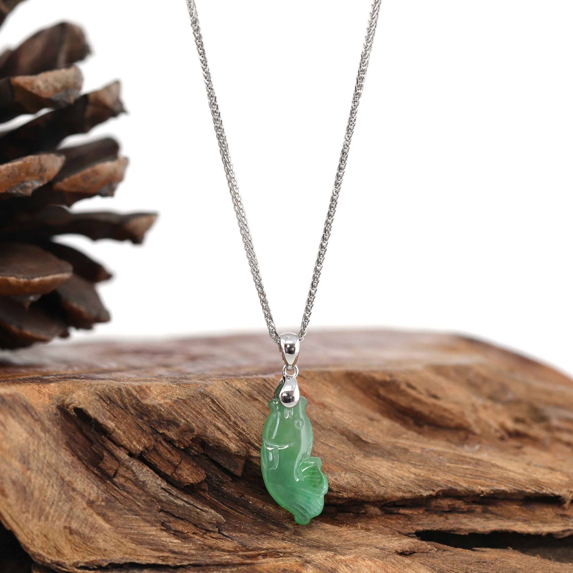 Baikalla Jewelry Jade Pendant Necklace Baikalla "Prosperity Every Year (年年有鱼)" Lucky Fish Carving Pendant Necklace Natural Green Jadeite Jade JG154