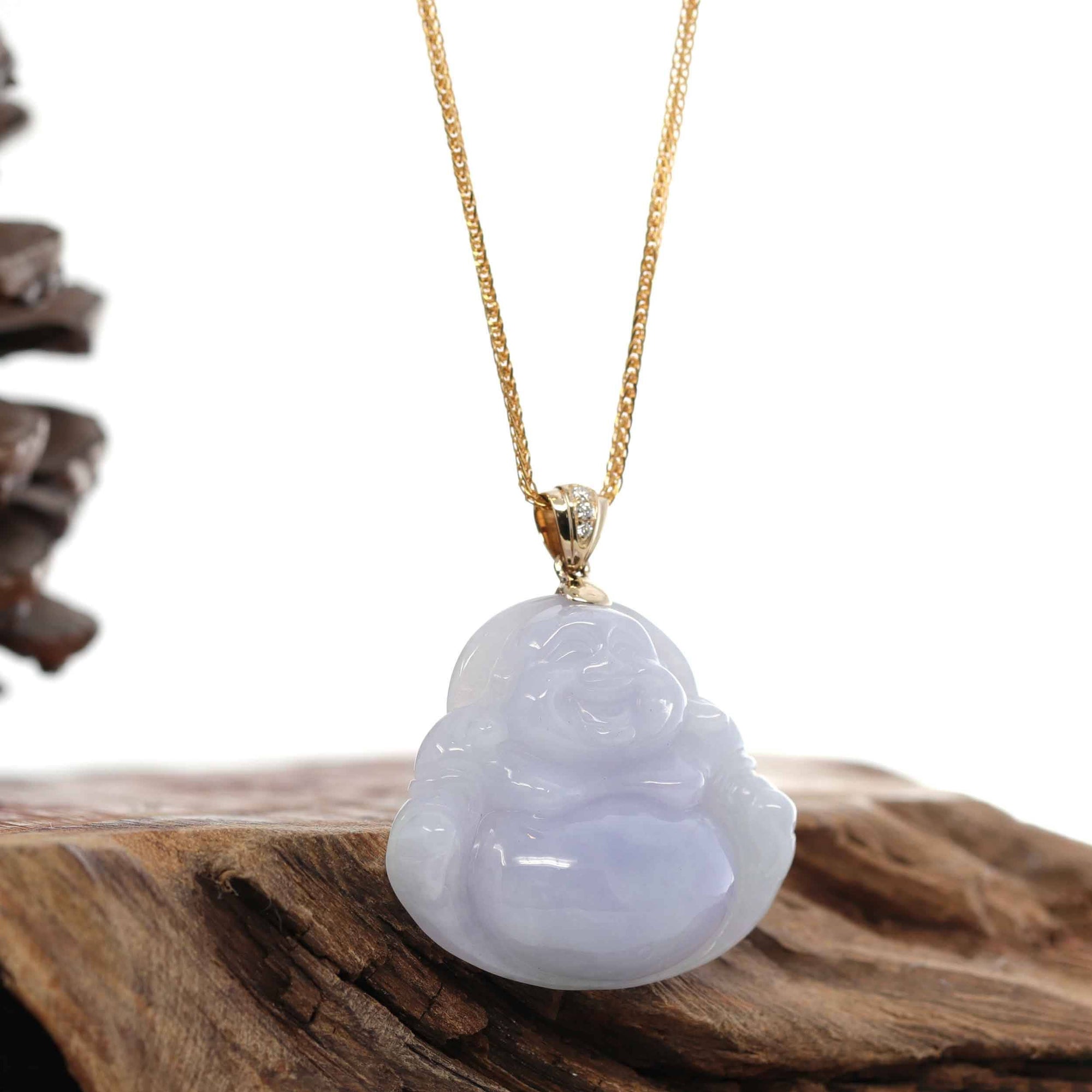 Baikalla Jewelry Gold Jade Buddha Baikalla &quot;Laughing Buddha&quot; 14k Yellow Gold Genuine Lavender Jadeite Jade with VS1 Diamonds Bail