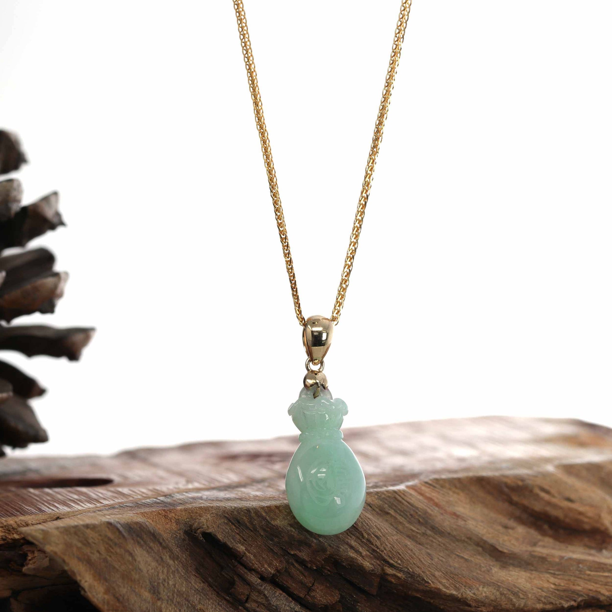 Baikalla Jewelry Jade Pendant Natural Green Jadeite Jade "Magic Bottle Gourd" Hulu Necklace With 14k Yellow Gold Bail