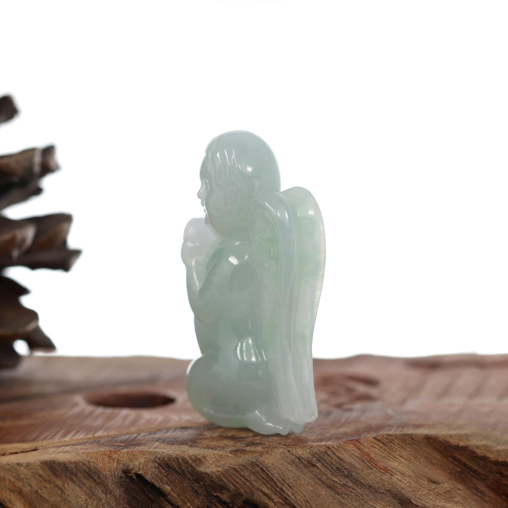 Baikalla Jewelry Jade Carving Necklace Natural Green Jadeite Jade "Kneeling Angel" Pendant Necklace For Men, Collectibles.