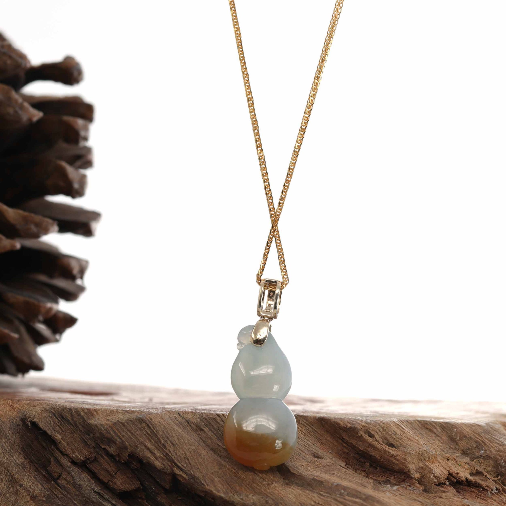 Baikalla Jewelry Jade Pendant 14K Yellow Gold Jadeite Jade Good Luck Hulu Bottle Gourd Necklace With Diamonds