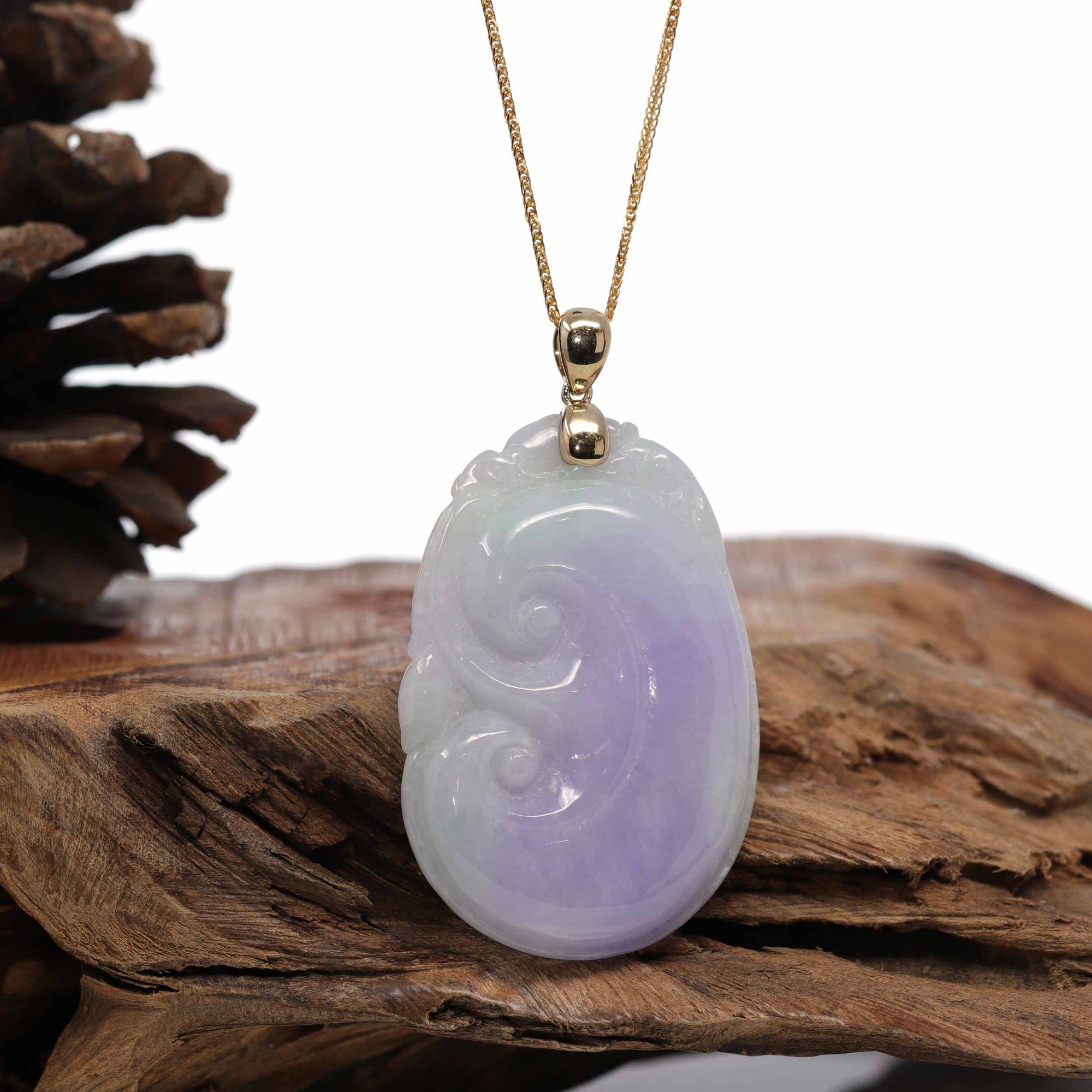 Baikalla Jewelry Jade Guanyin Pendant Necklace Nylon String Necklace Genuine Lavender Jadeite Jade RuYi Pendant Necklace With 14K Yellow Gold Bail