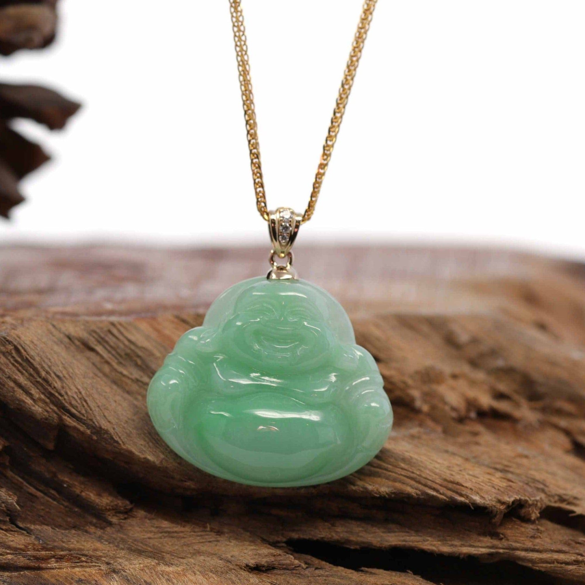 Baikalla Jewelry Jade Buddha Pendant Baikalla™ "Laughing Buddha" Genuine Vibrant Green Jadeite Buddha Pendant Necklace With 14k Yellow Gold Diamond  Bail