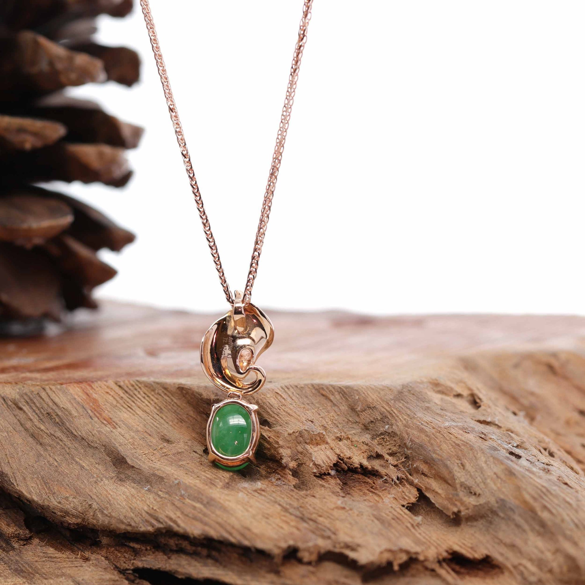 Baikalla Jewelry 18k Gold Jadeite Necklace 18K Rose Gold "Morning Glory" Imperial Jadeite Jade Cabochon Necklace with Diamonds