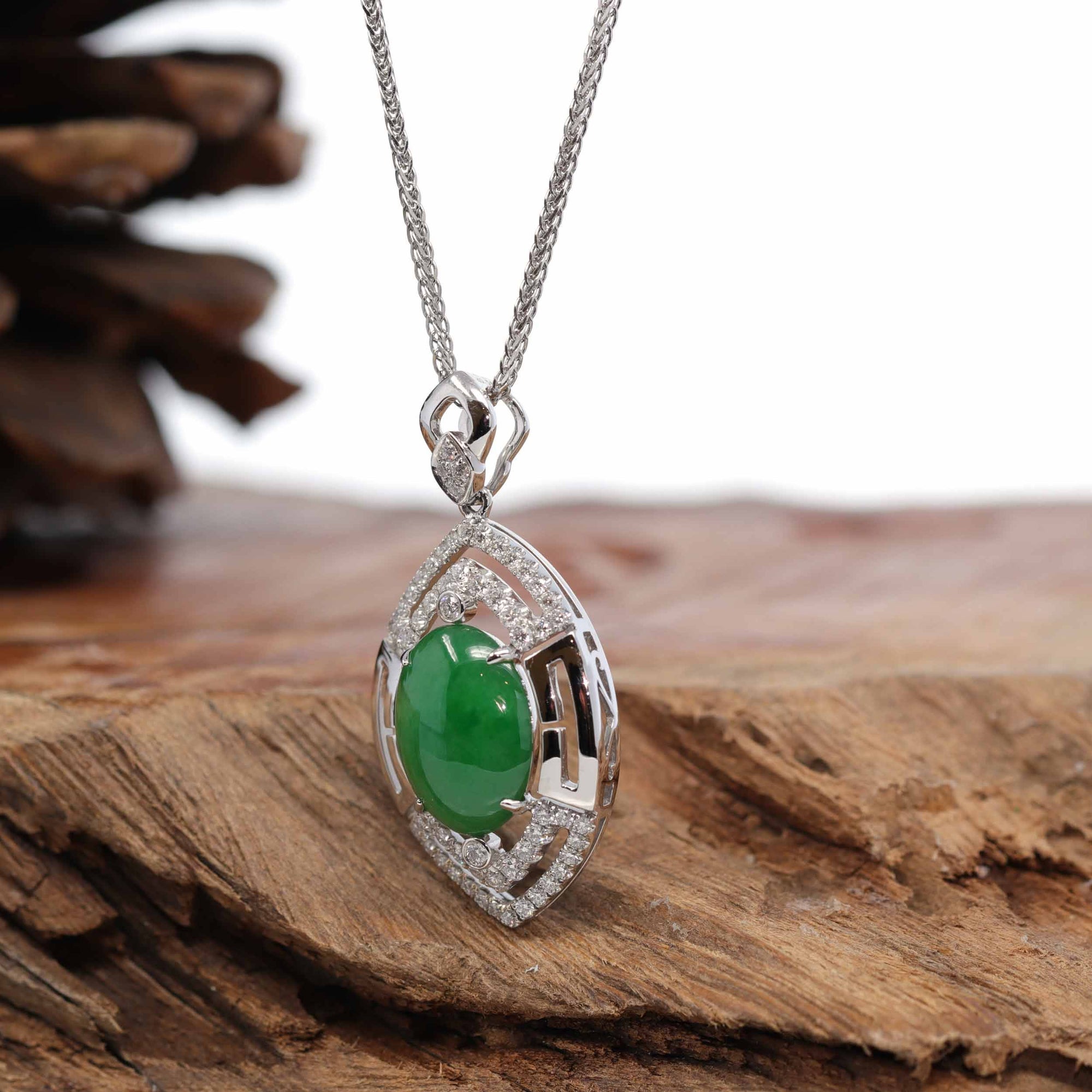 Baikalla Jewelry 18k Gold Jadeite Necklace 18K White Gold Oval Imperial Jadeite Jade Cabochon Necklace with Diamonds