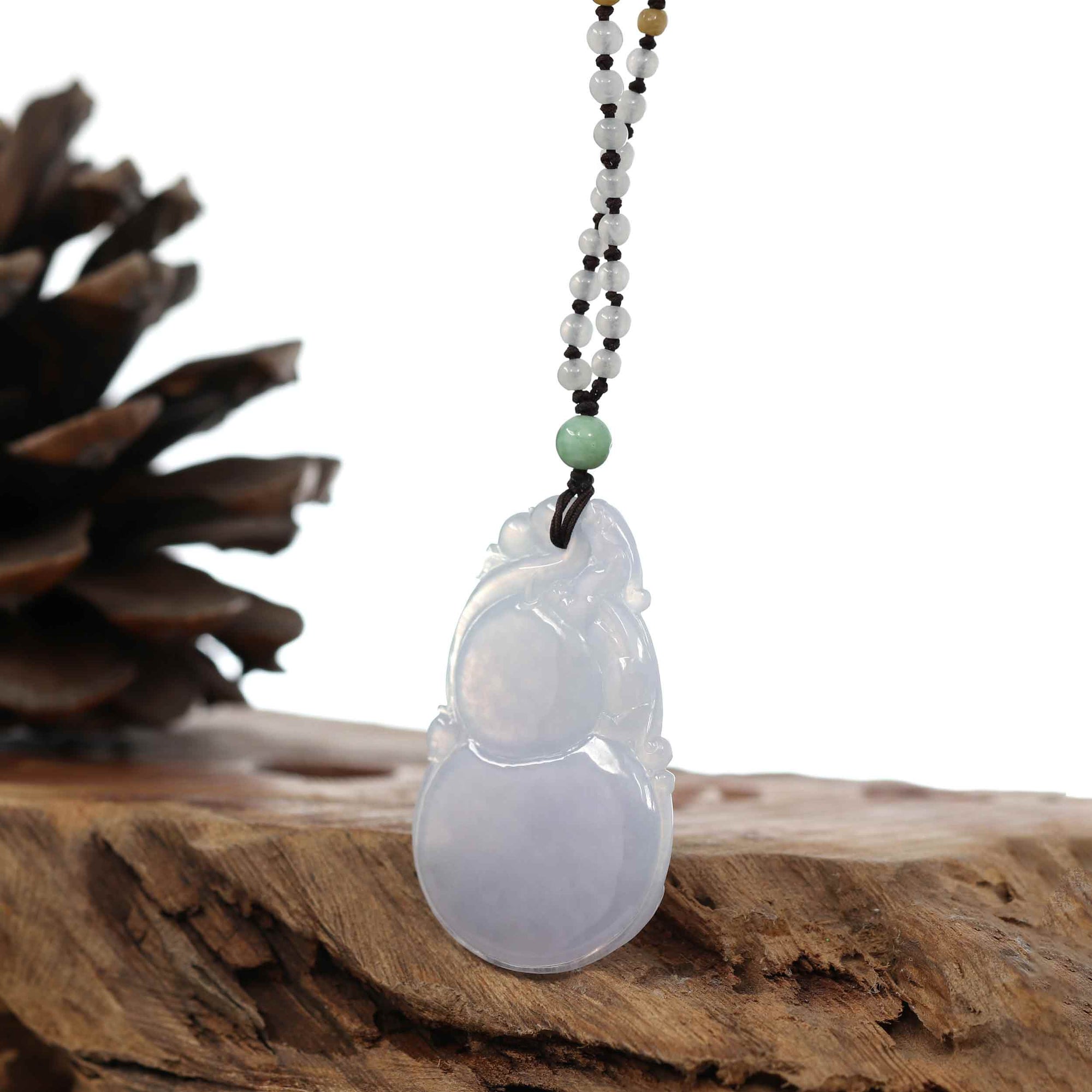 Baikalla Jewelry Jade Pendant Necklace Genuine Ice Light Lavender Jadeite Jade "Good Luck HuLu with Dragon Accent" Pendant Necklace With Real Jadeite Beads Necklace