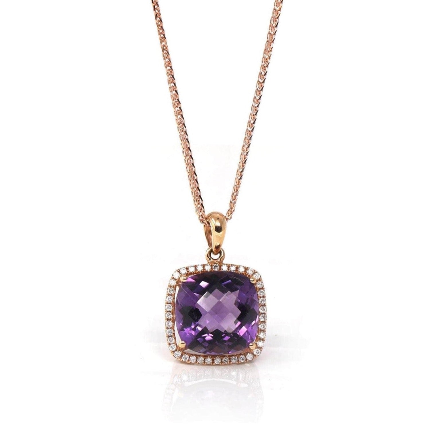 Baikalla Jewelry Gemstone Pendant Necklace 18K Rose Gold AA Royal Amethyst Cushion Cut Pendant Necklace With Diamonds