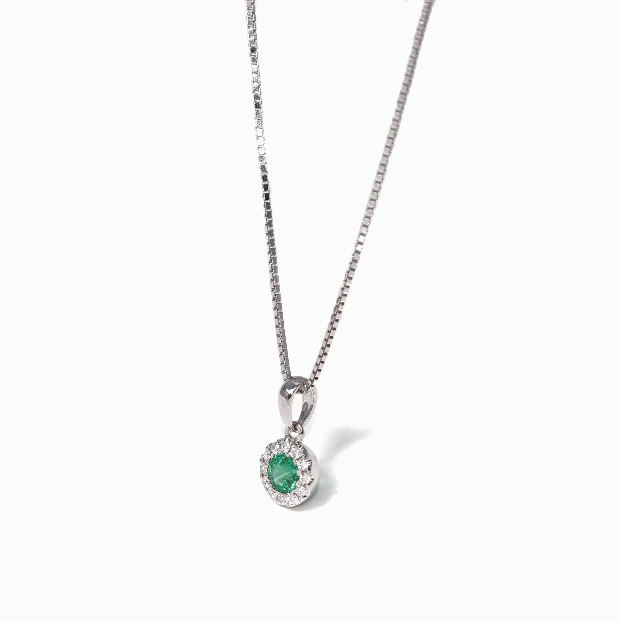 Baikalla Jewelry Gemstone Pendant Necklace Baikalla™ 14k White Gold Emerald Round 4 Prong Set Necklace With Diamond Halo