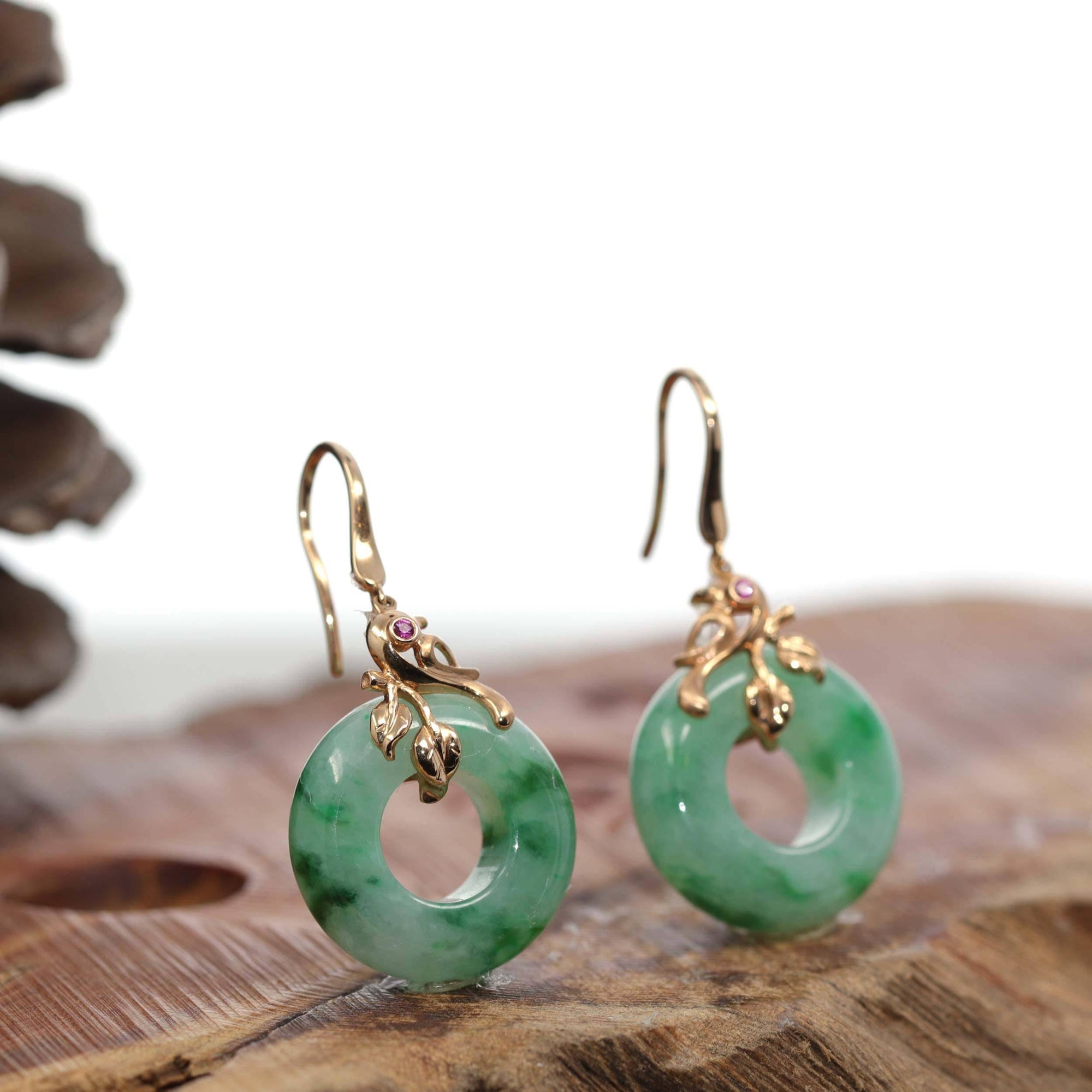 Baikalla Jewelry 18k Gold Jadeite Necklace 18k Rose Gold "Good Luck Birdie" genuine Green Jadeite Jade Earrings & Diamond