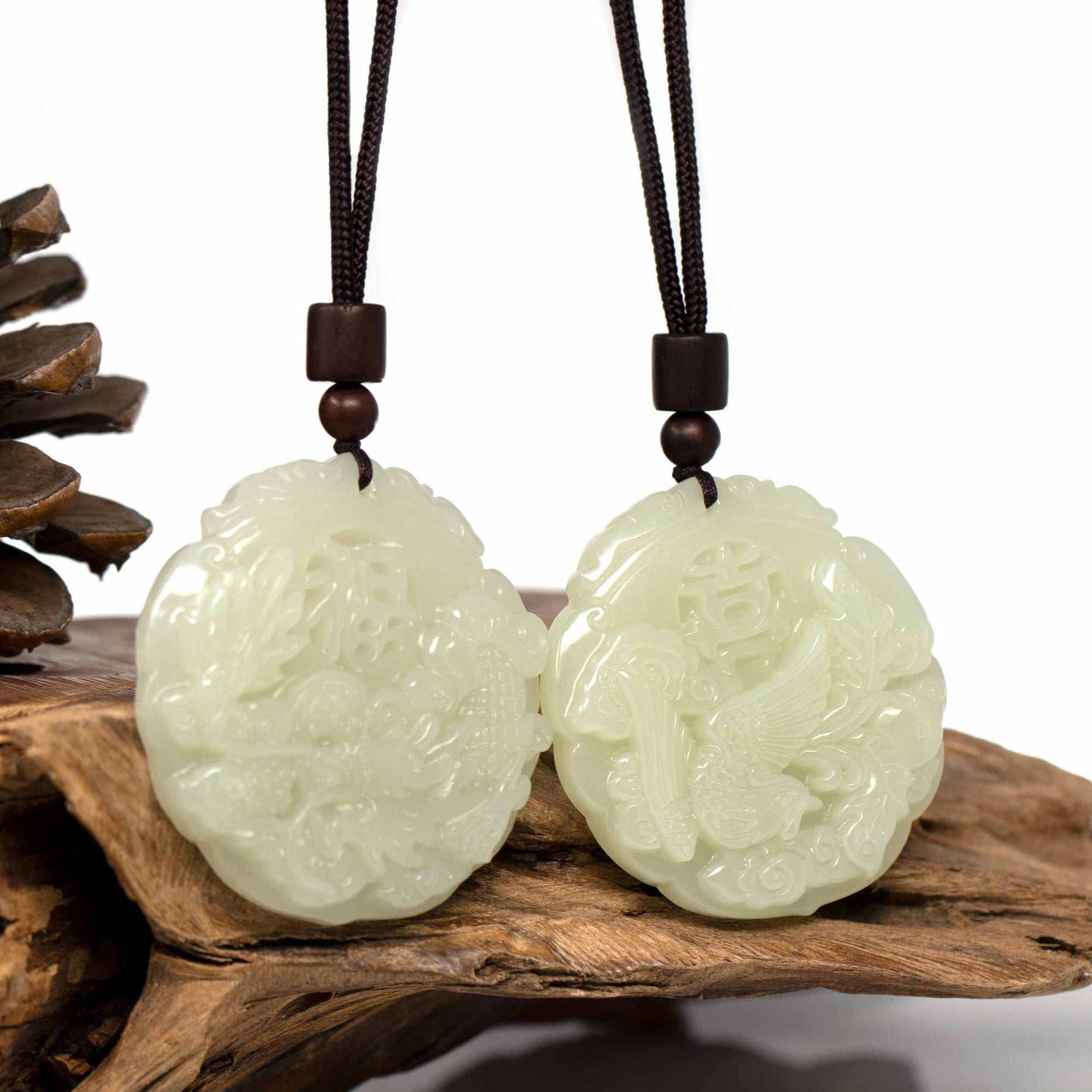 Baikalla Jewelry Jade Pendant Necklace A Pair Baikalla™ &quot;Dragon &amp; Phoenix&quot; Genuine HeTian White Nephrite Jade Pendant Necklace